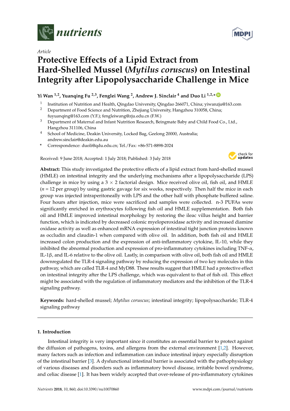 Mytilus Coruscus) on Intestinal Integrity After Lipopolysaccharide Challenge in Mice