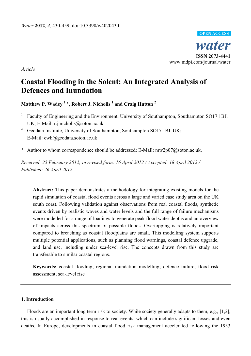 Coastal Flooding in the Solent: an Integrated Analysis of Defences and Inundation