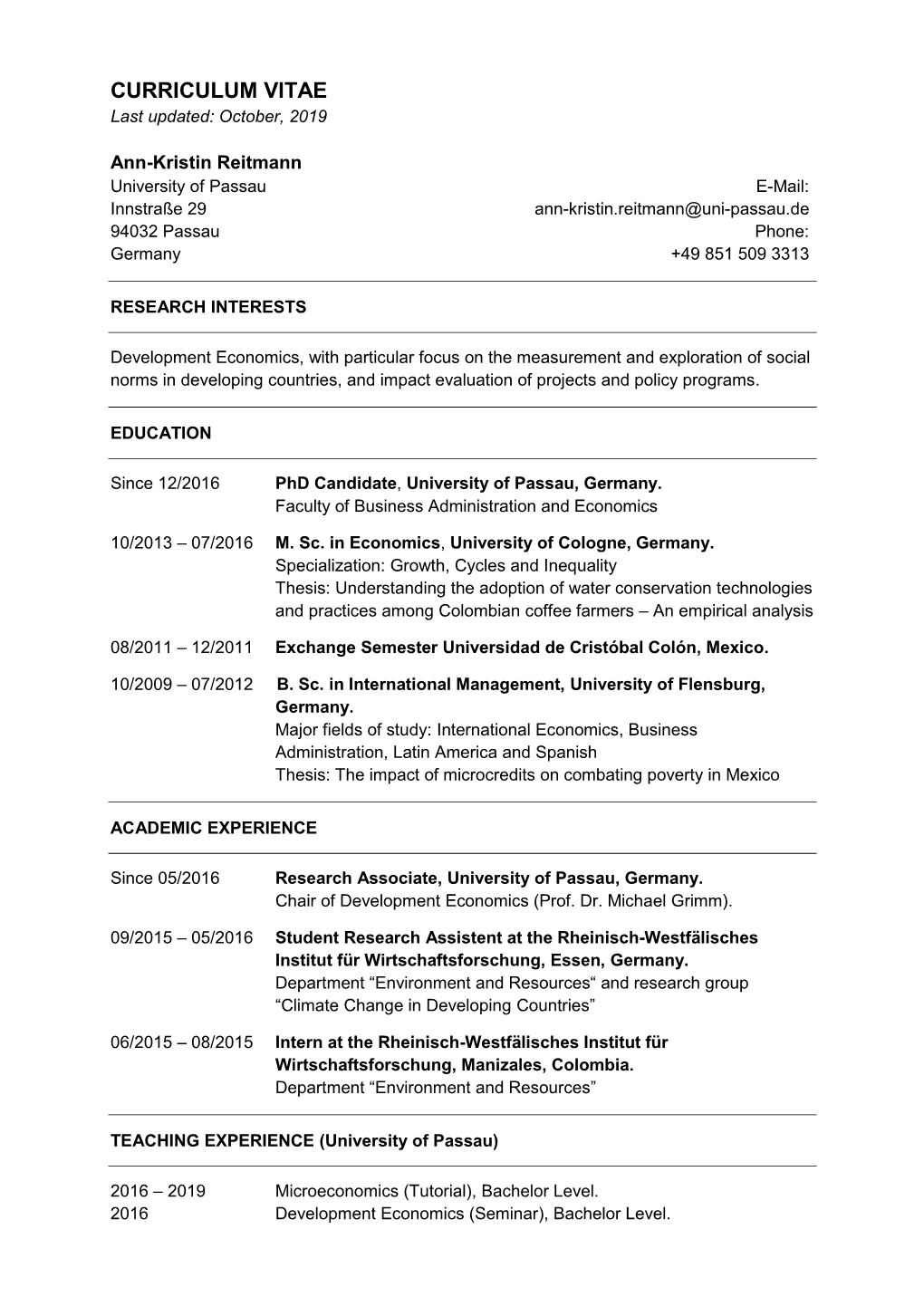 CURRICULUM VITAE Last Updated: October, 2019