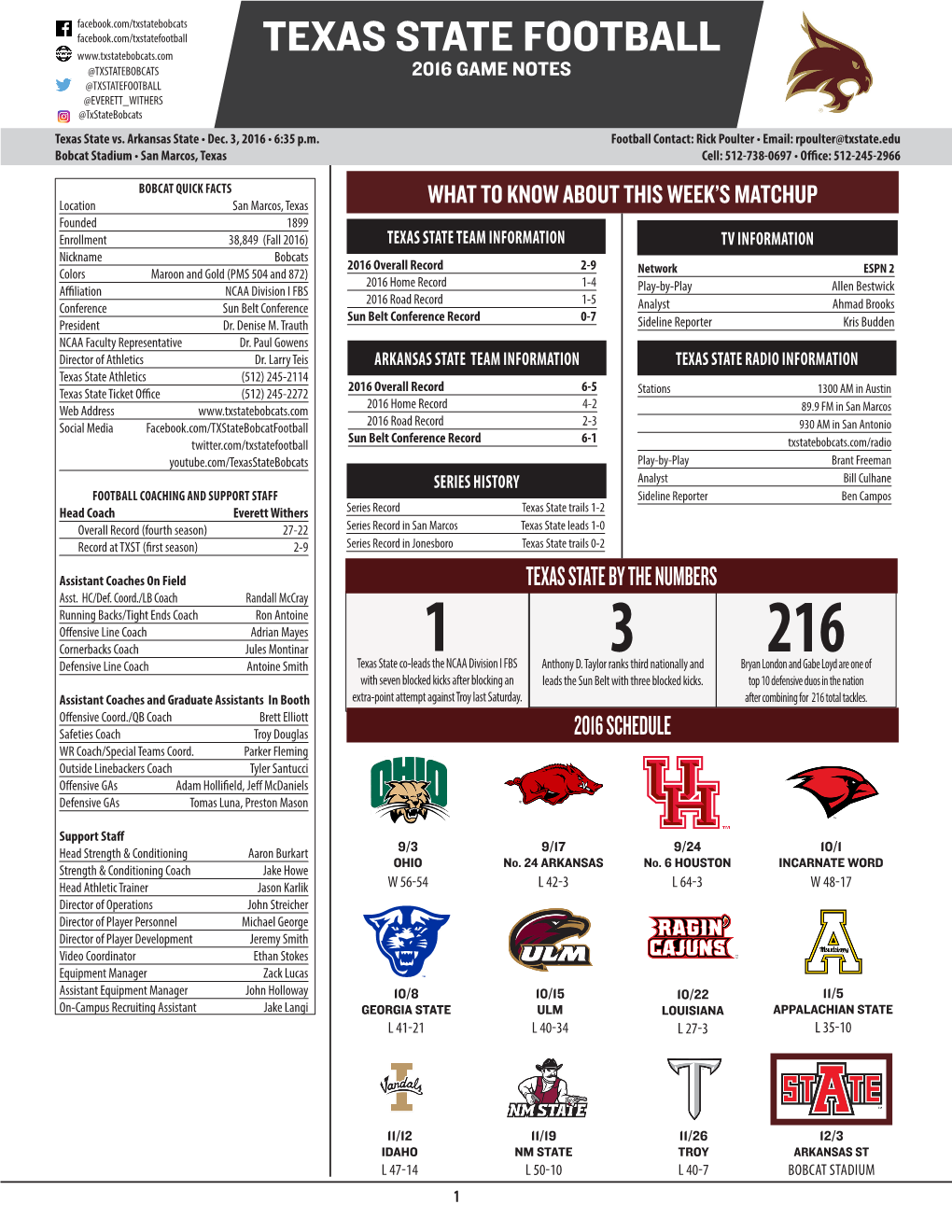 TEXAS STATE FOOTBALL @TXSTATEBOBCATS 2016 GAME NOTES @TXSTATEFOOTBALL @EVERETT WITHERS @Txstatebobcats Texas State Vs