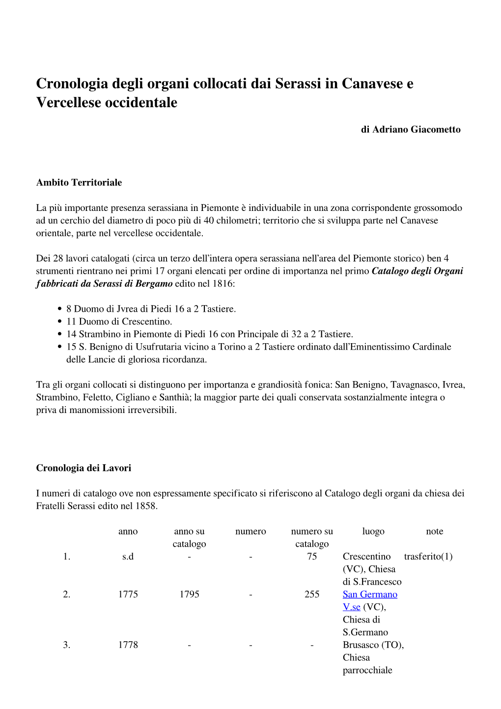 Cronologia Degli Organi Collocati Dai Serassi in Canavese E Vercellese Occidentale