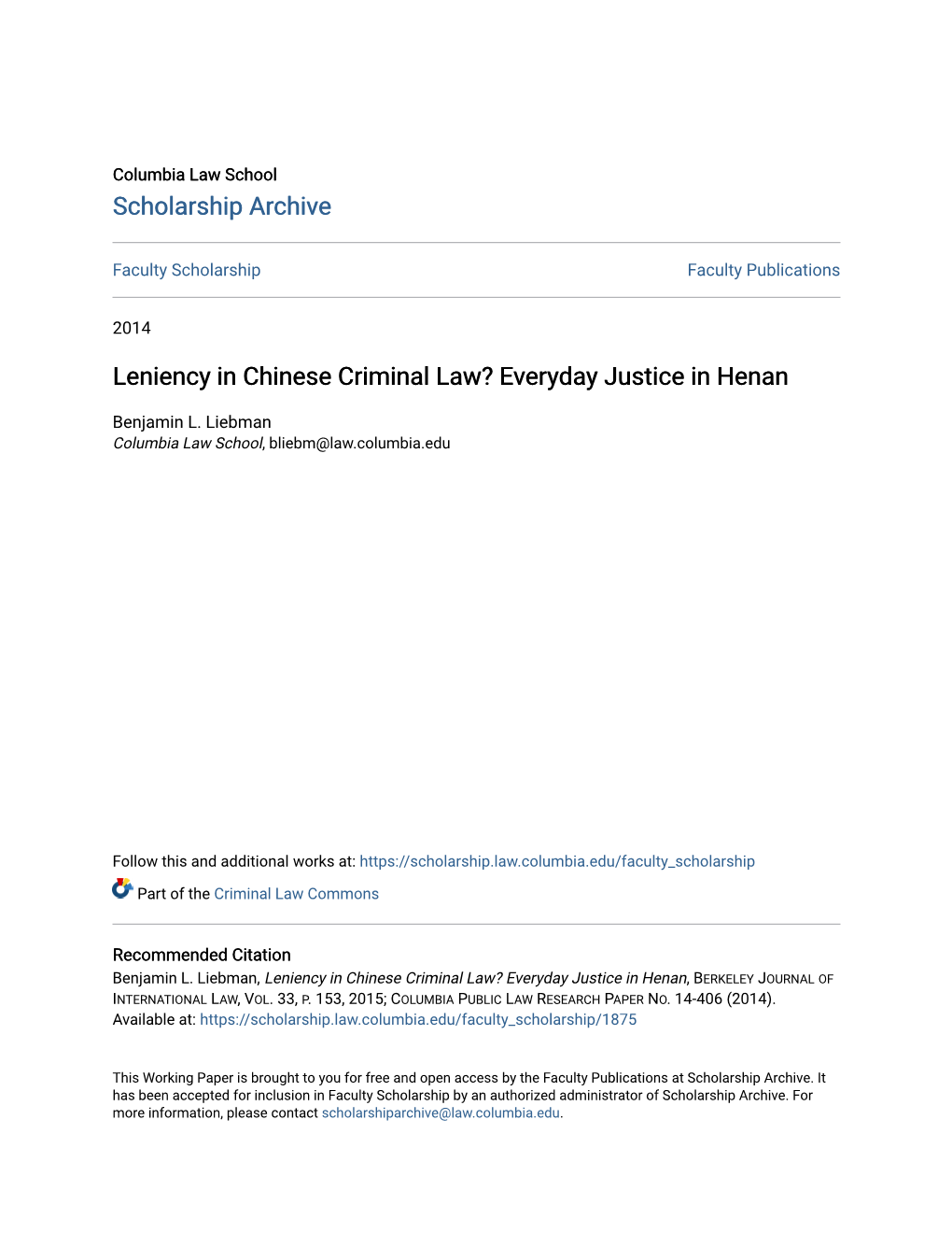 Leniency in Chinese Criminal Law? Everyday Justice in Henan