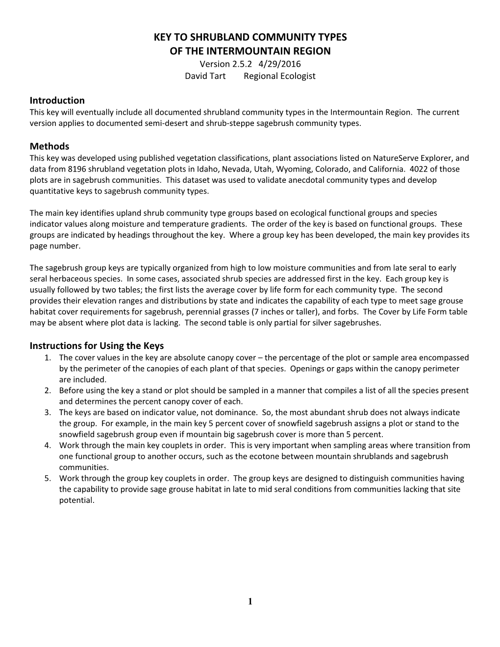 KEY to SHRUBLAND COMMUNITY TYPES of the INTERMOUNTAIN REGION Version 2.5.2 4/29/2016 David Tart Regional Ecologist