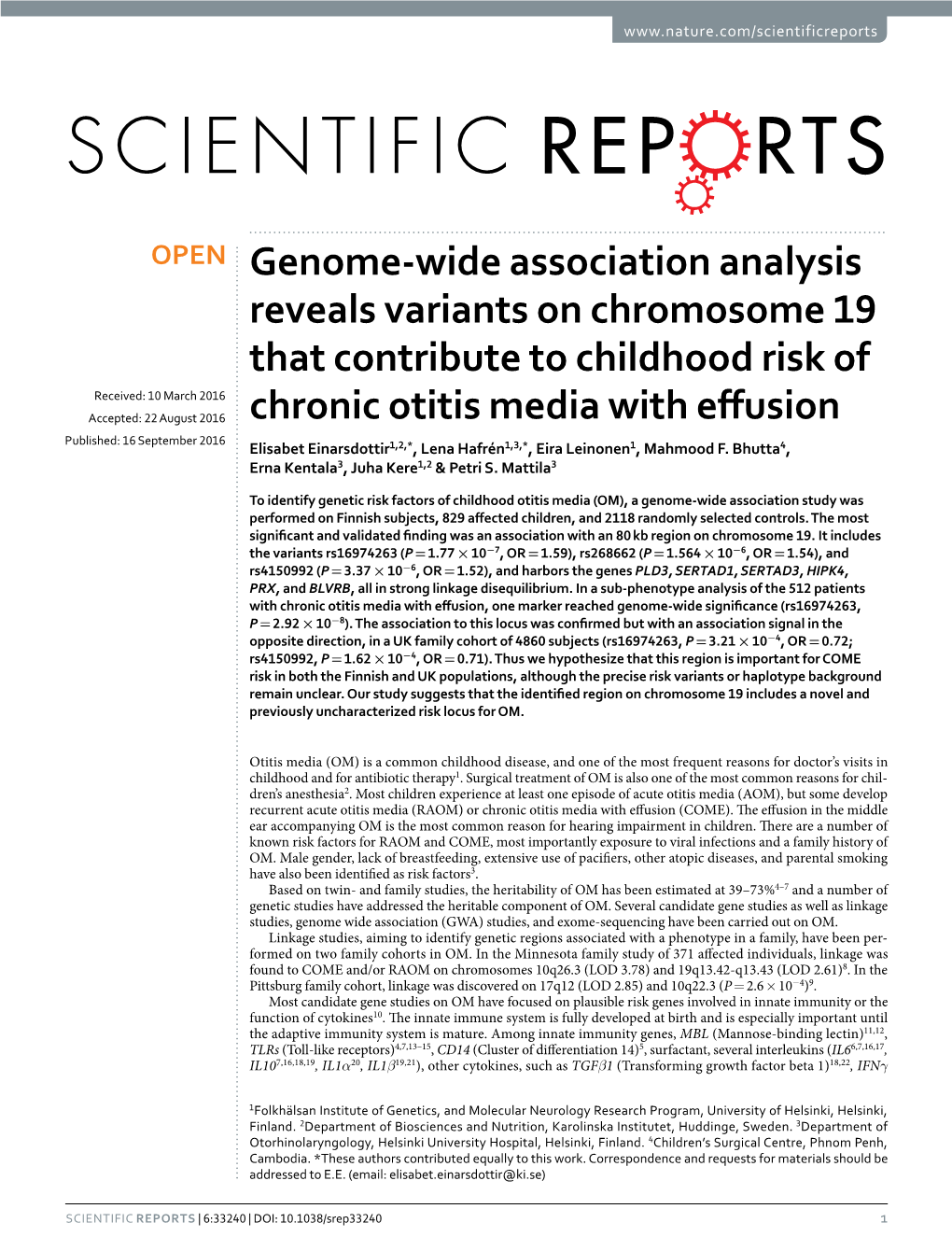 Genome-Wide Association Analysis Reveals Variants on Chromosome 19 That Contribute to Childhood Risk of Chronic Otitis Media with Effusion