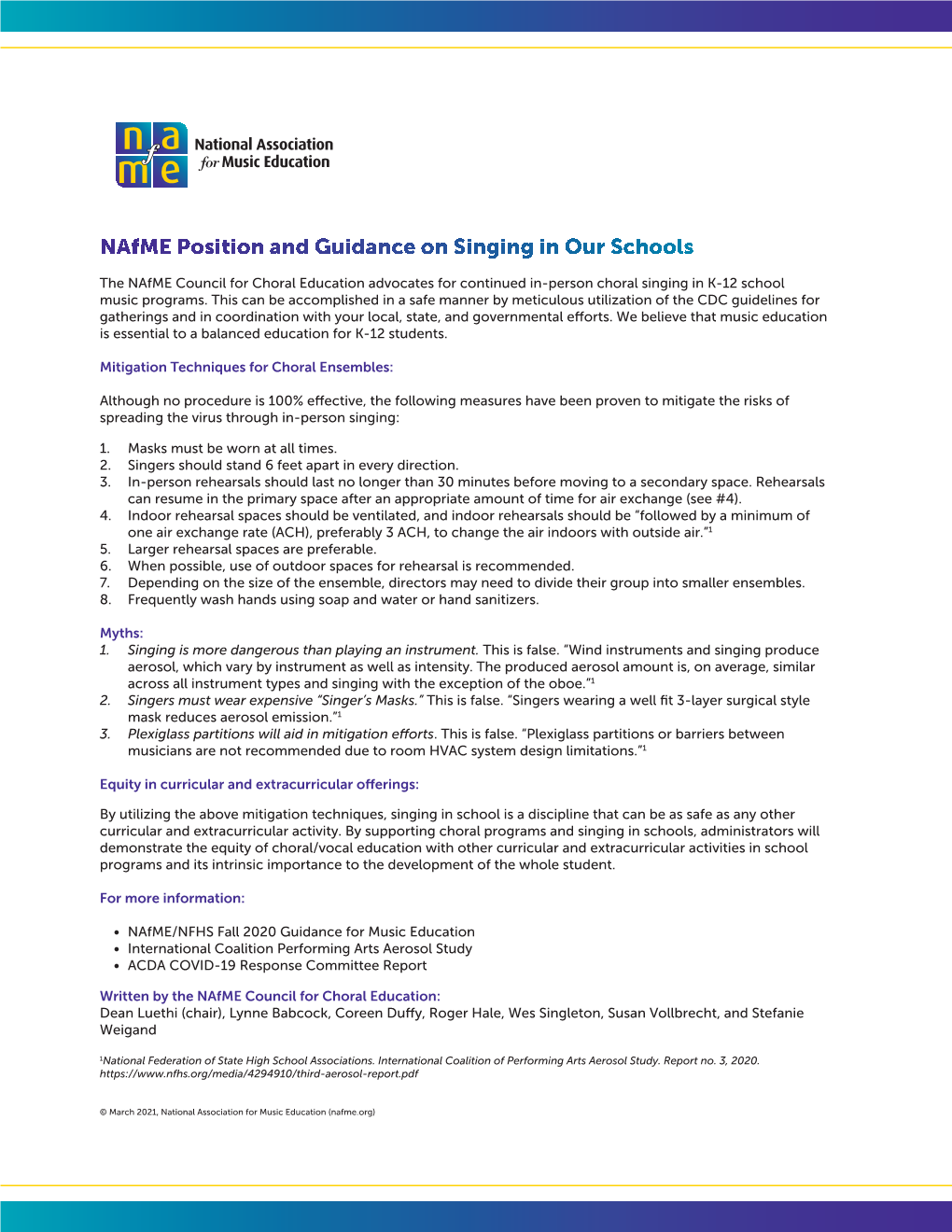 Nafme Position and Guidance on Singing in Our Schools