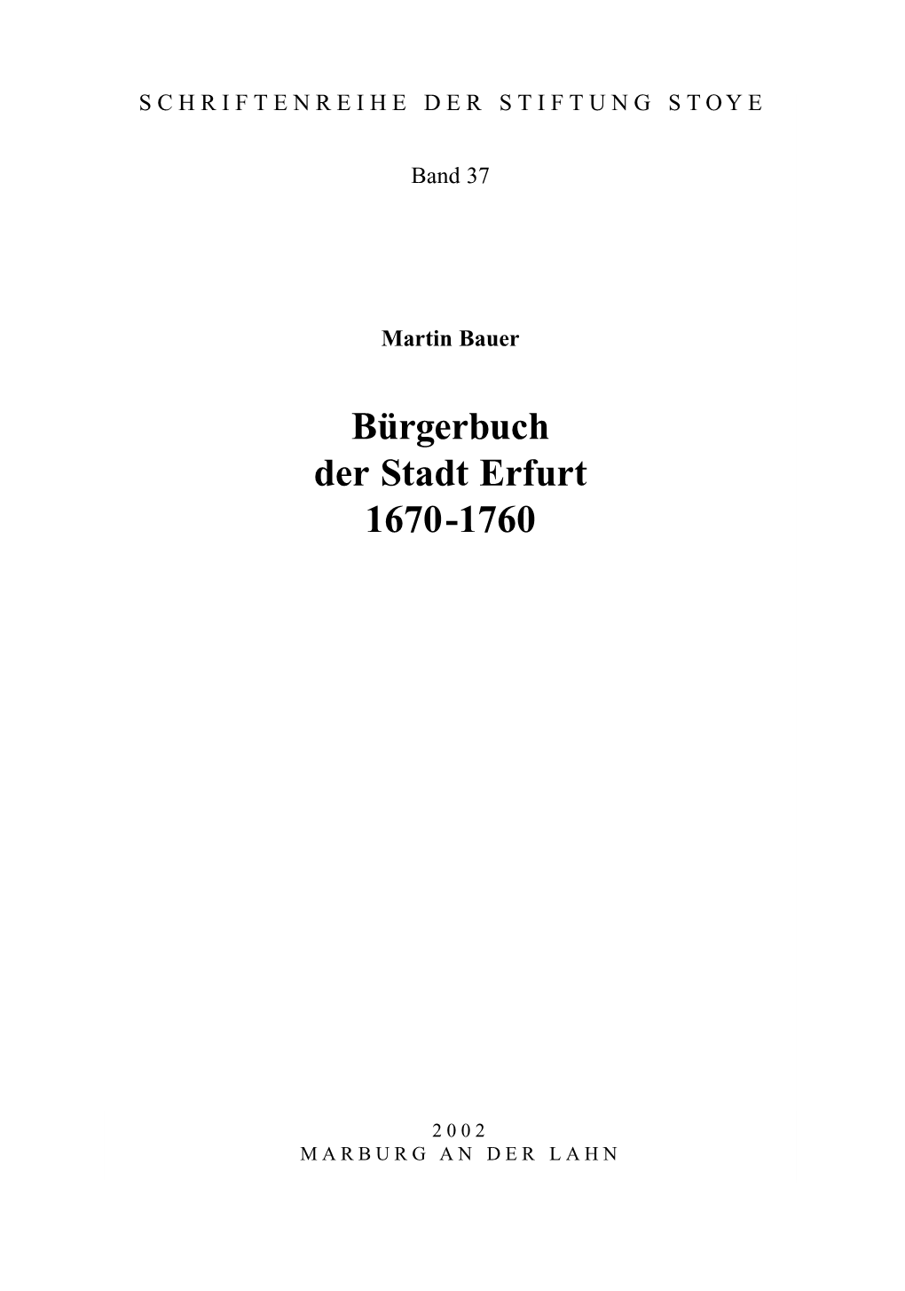 Bürgerbuch Der Stadt Erfurt 1670-1760