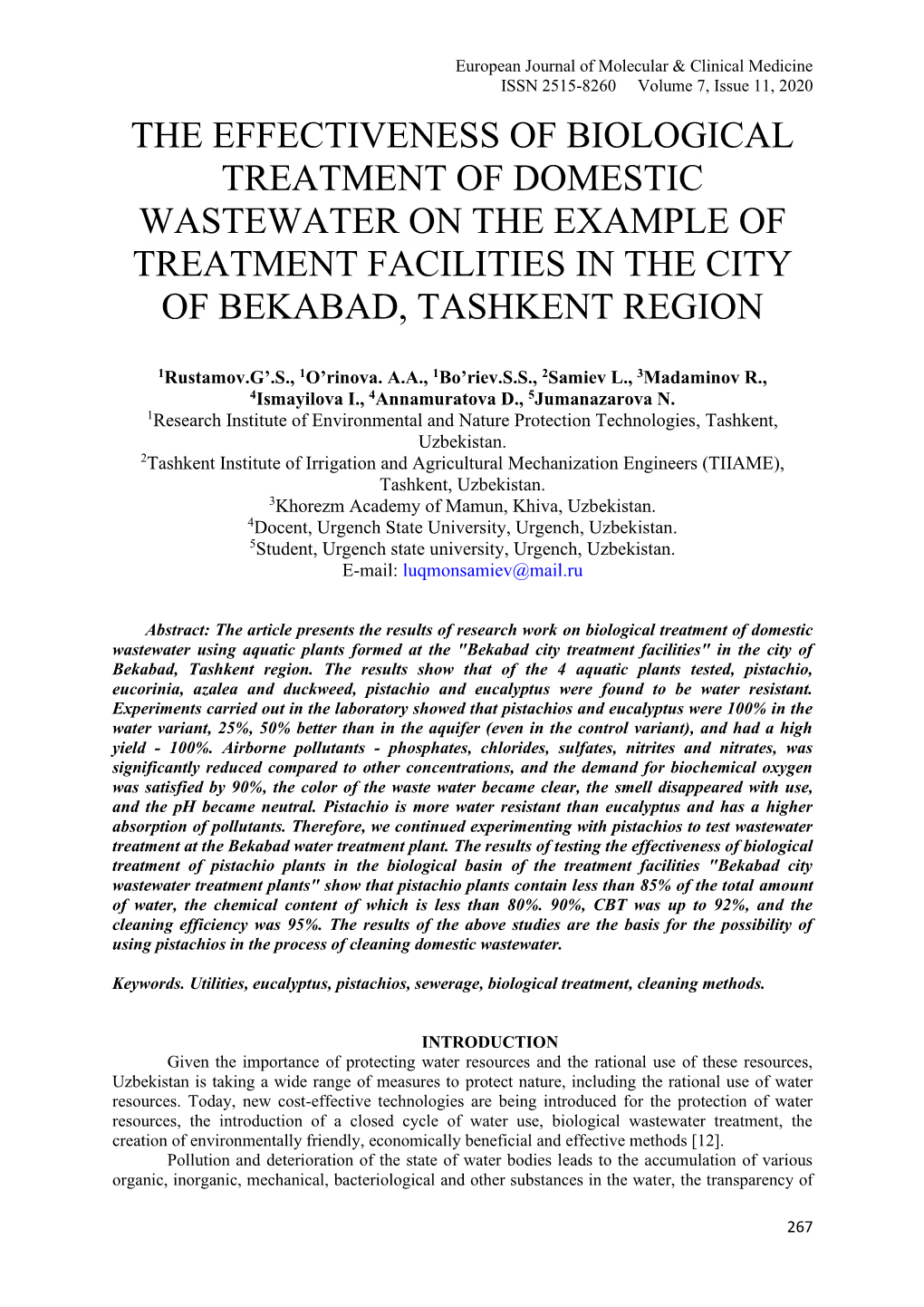 The Effectiveness of Biological Treatment of Domestic Wastewater on the Example of Treatment Facilities in the City of Bekabad, Tashkent Region
