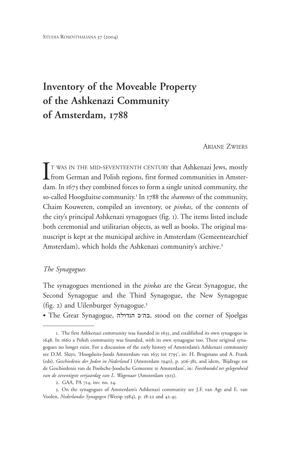 Inventory of the Moveable Property of the Ashkenazi Community of Amsterdam, 1788