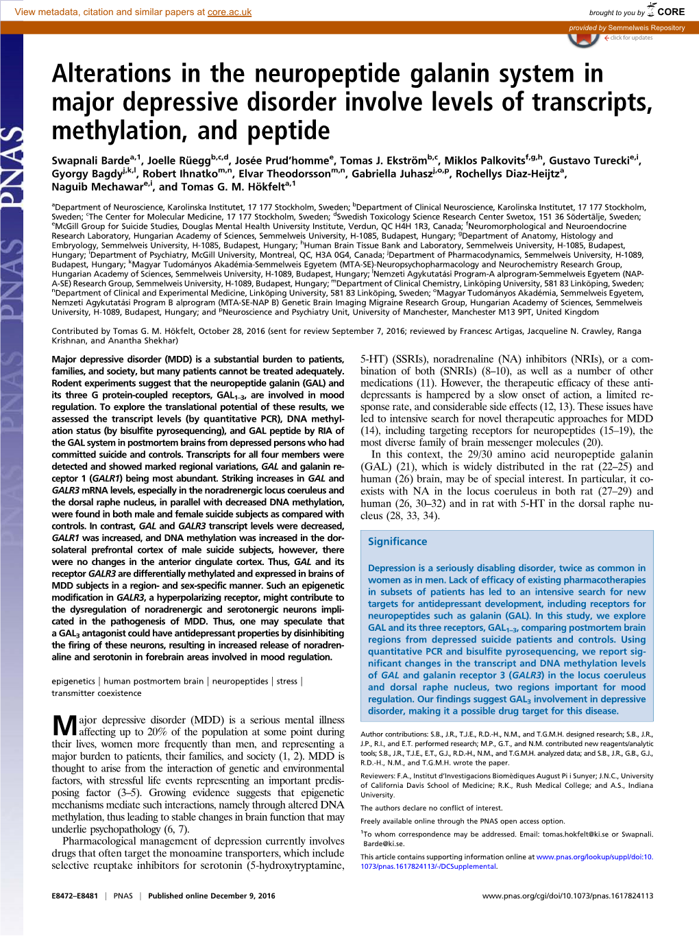 Alterations in the Neuropeptide Galanin System in Major Depressive Disorder Involve Levels of Transcripts, Methylation, and Peptide