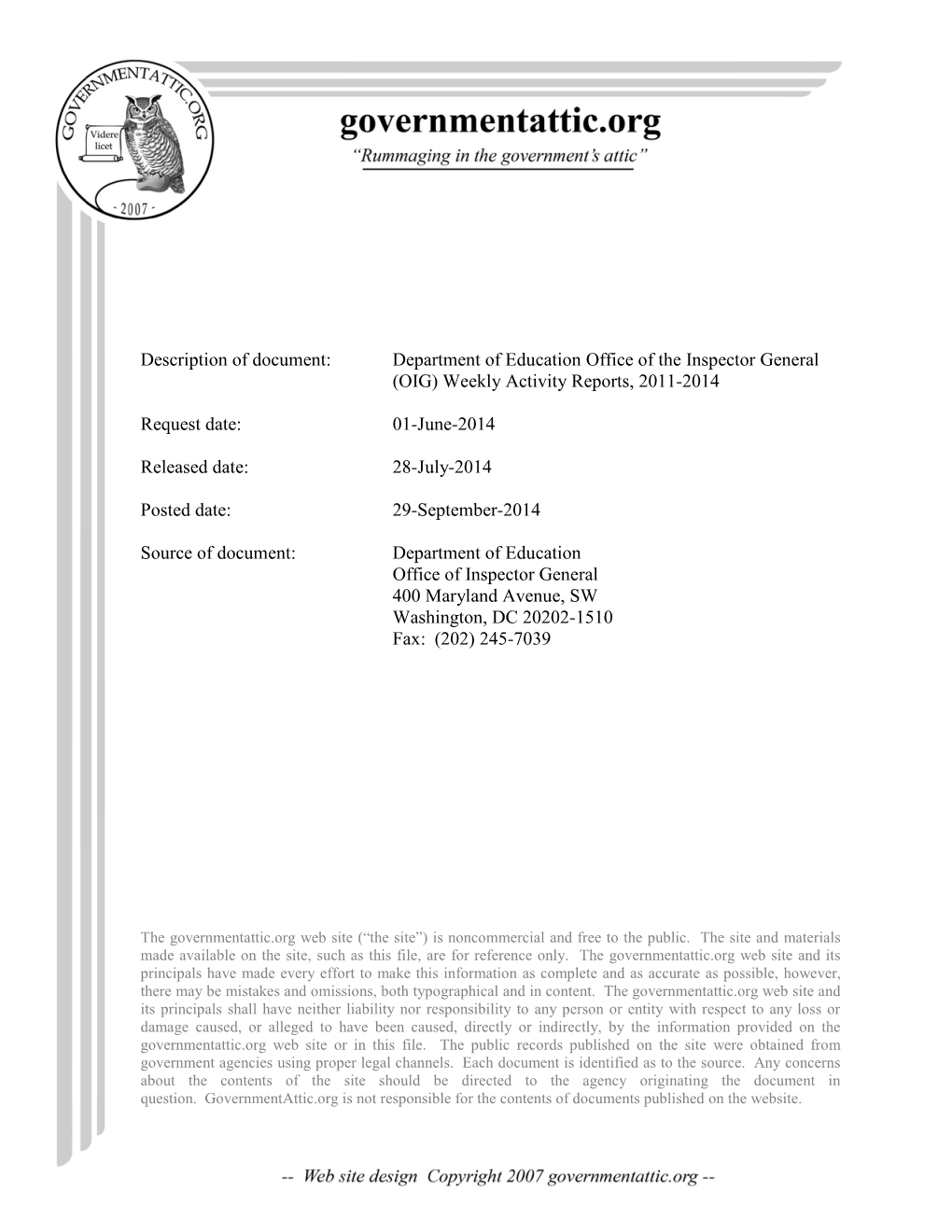 Department of Education Office of the Inspector General (OIG) Weekly Activity Reports, 2011-2014