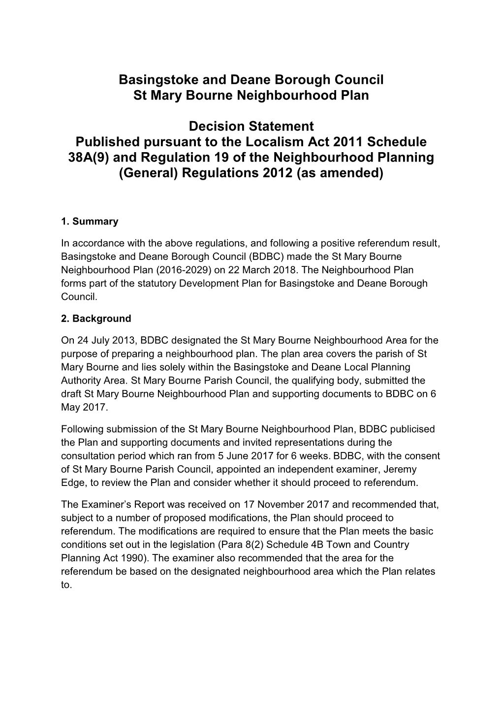 St Mary Bourne Decision Statement