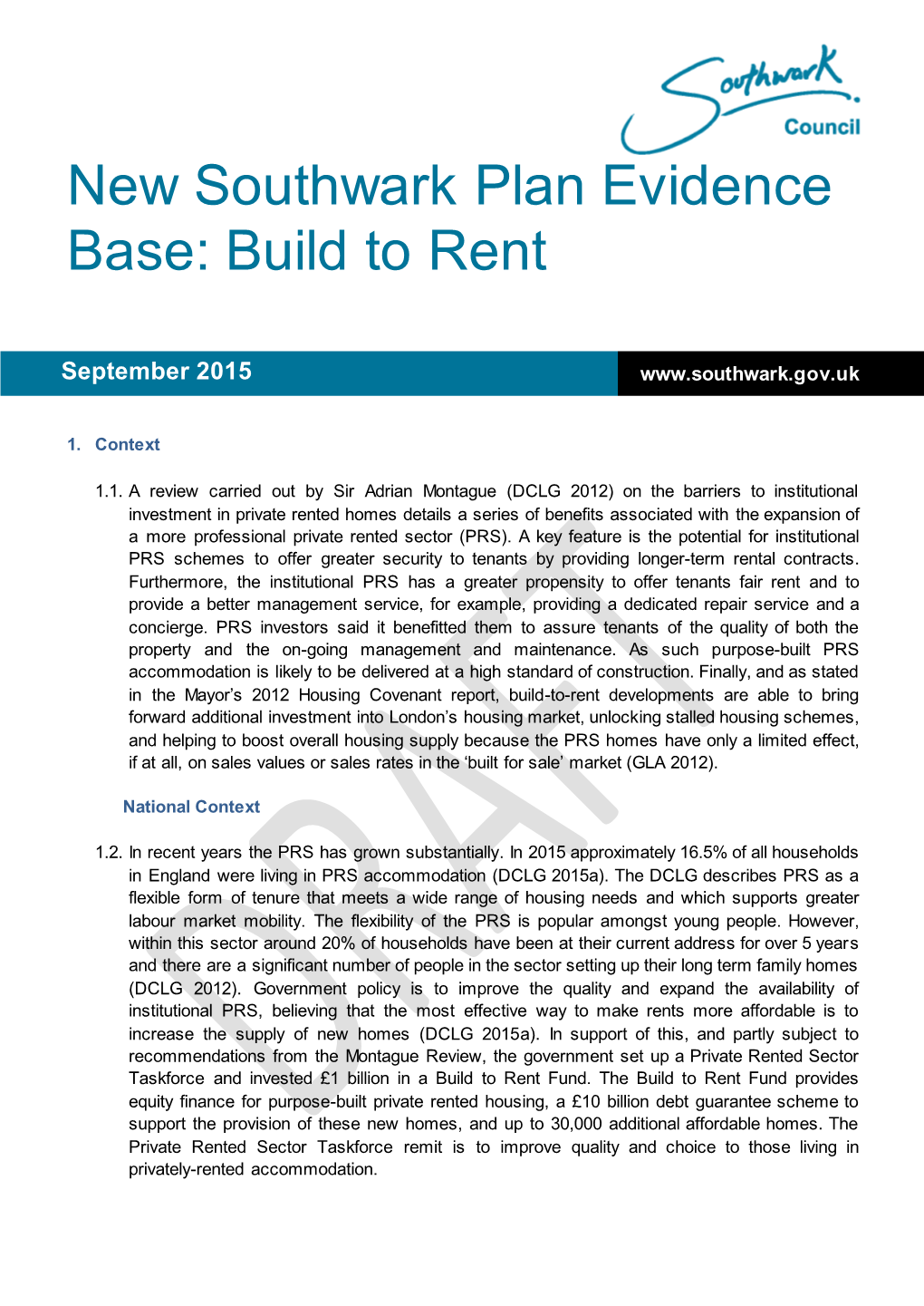 New Southwark Plan Evidence Base: Build to Rent