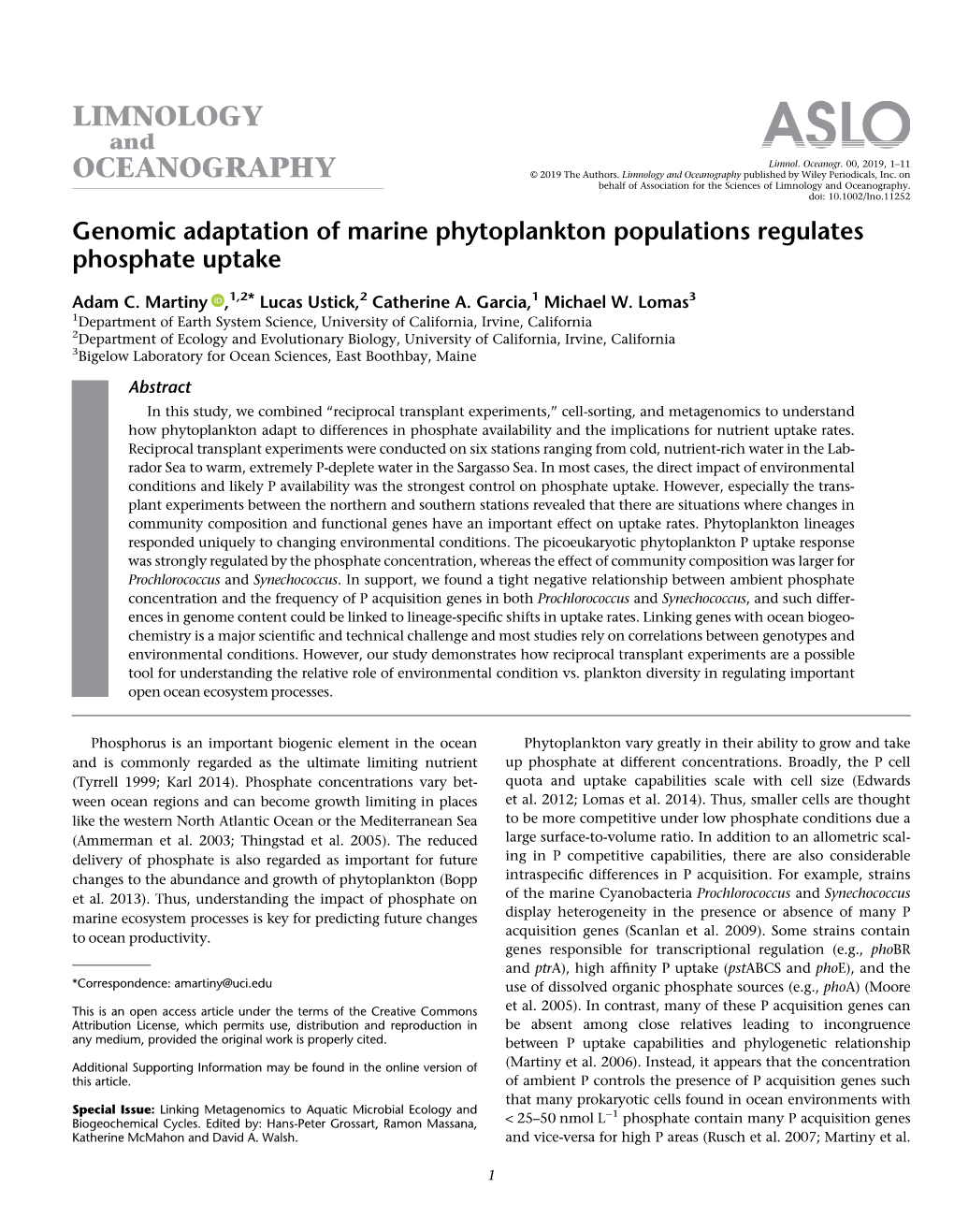 Genomic Adaptation of Marine Phytoplankton Populations Regulates Phosphate Uptake