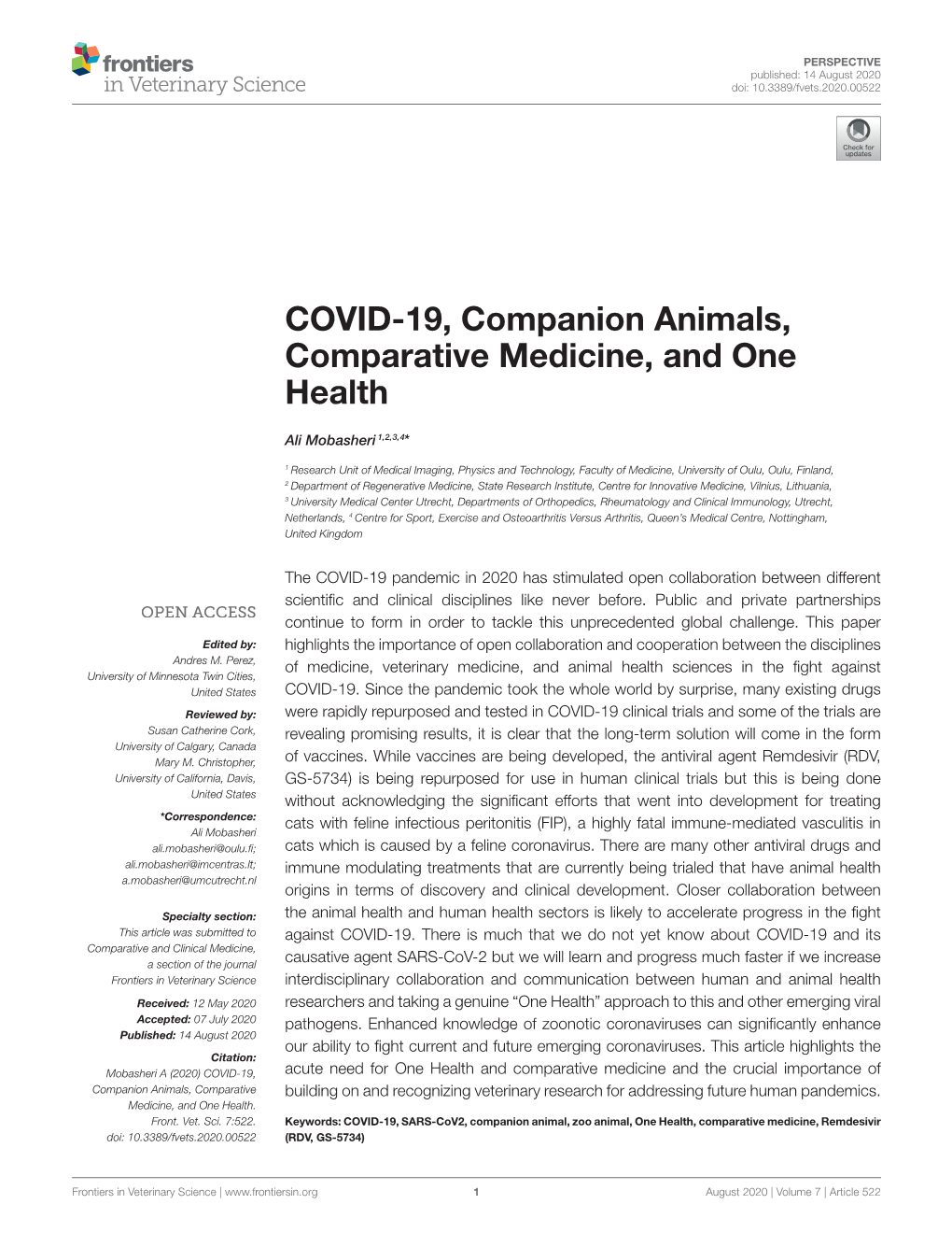 COVID-19, Companion Animals, Comparative Medicine, and One Health