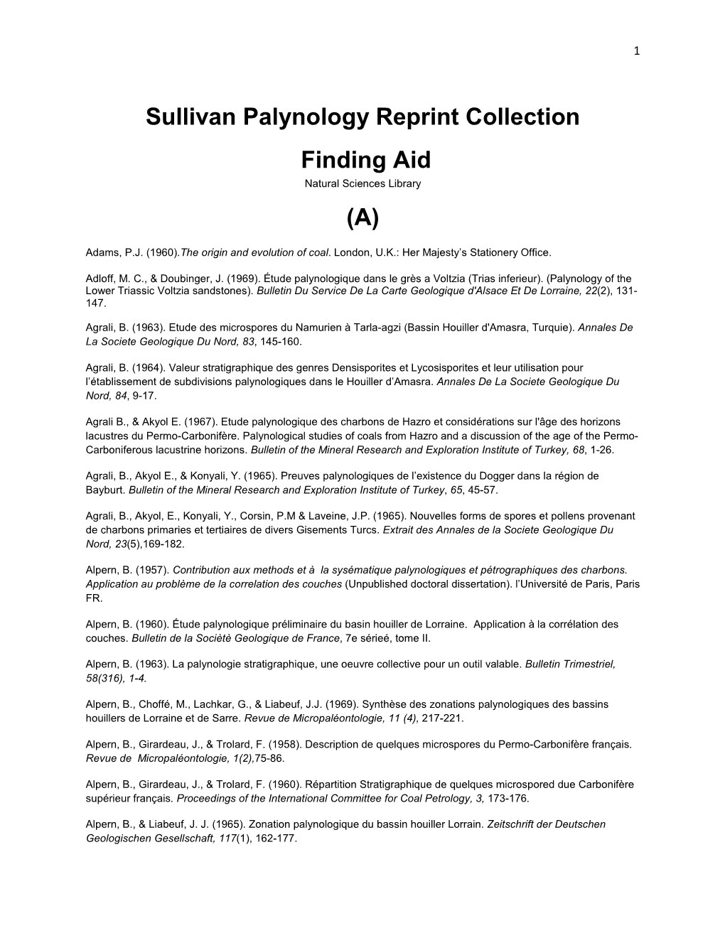 Sullivan Palynology Reprint Collection Finding Aid Natural Sciences Library (A)