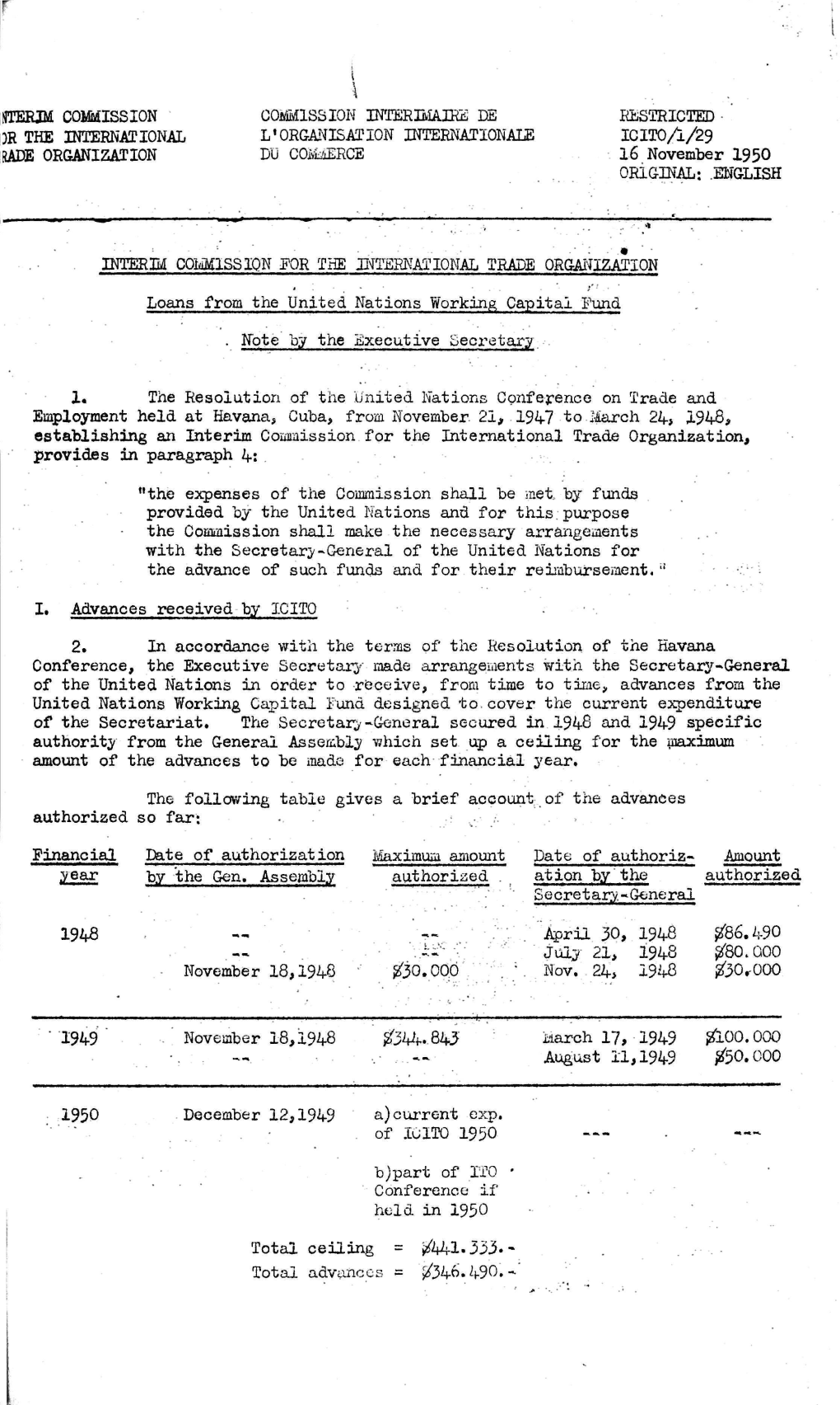 RESTRICTED ICITO/L/29 16 November 1950 ORIGINAL