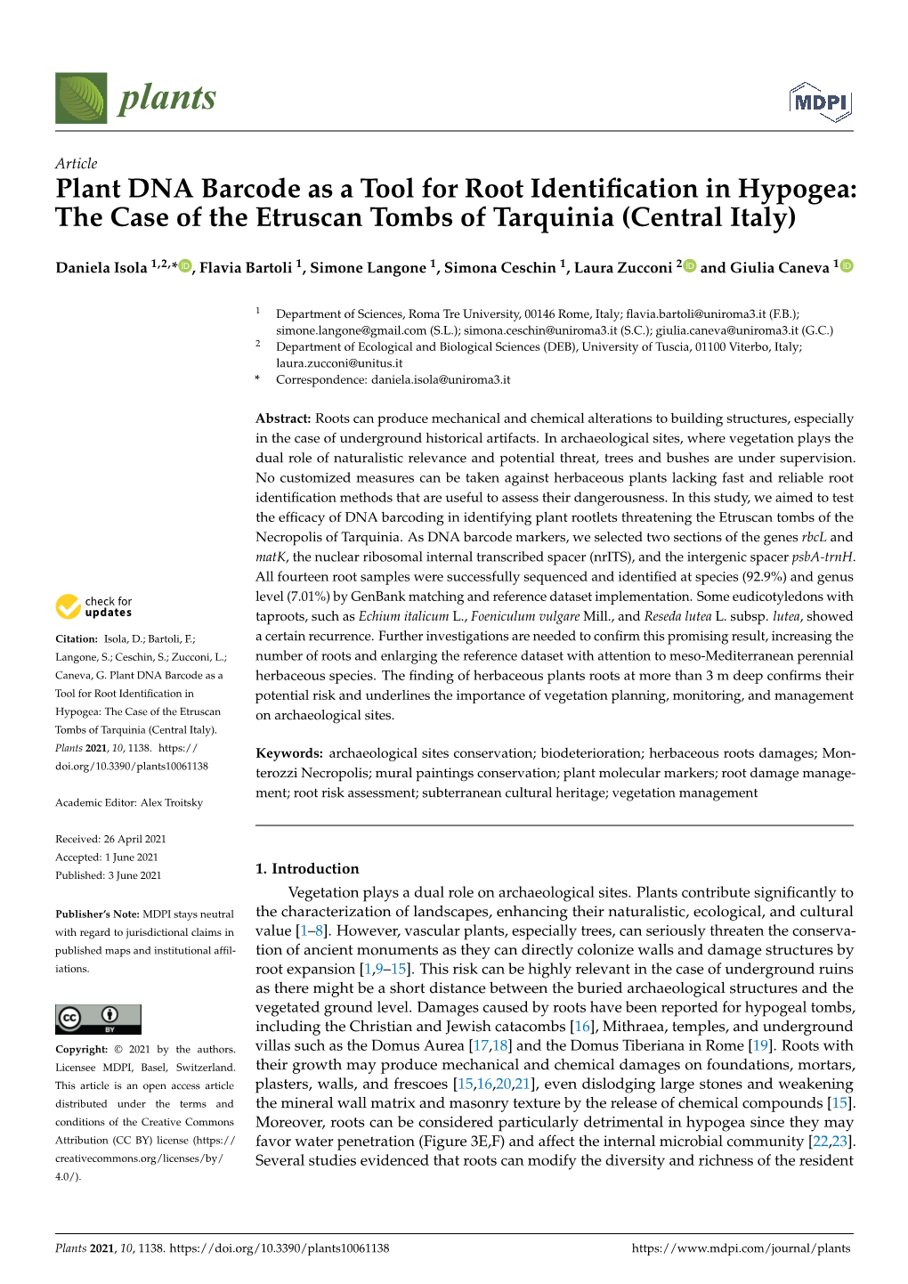 Plant DNA Barcode As a Tool for Root Identification in Hypogea: the Case