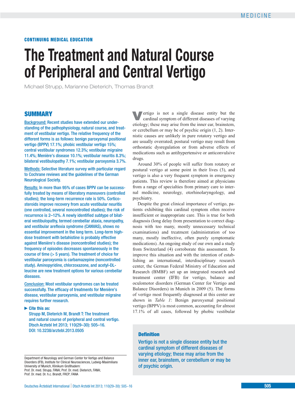 The Treatment and Natural Course of Peripheral and Central Vertigo Michael Strupp, Marianne Dieterich, Thomas Brandt