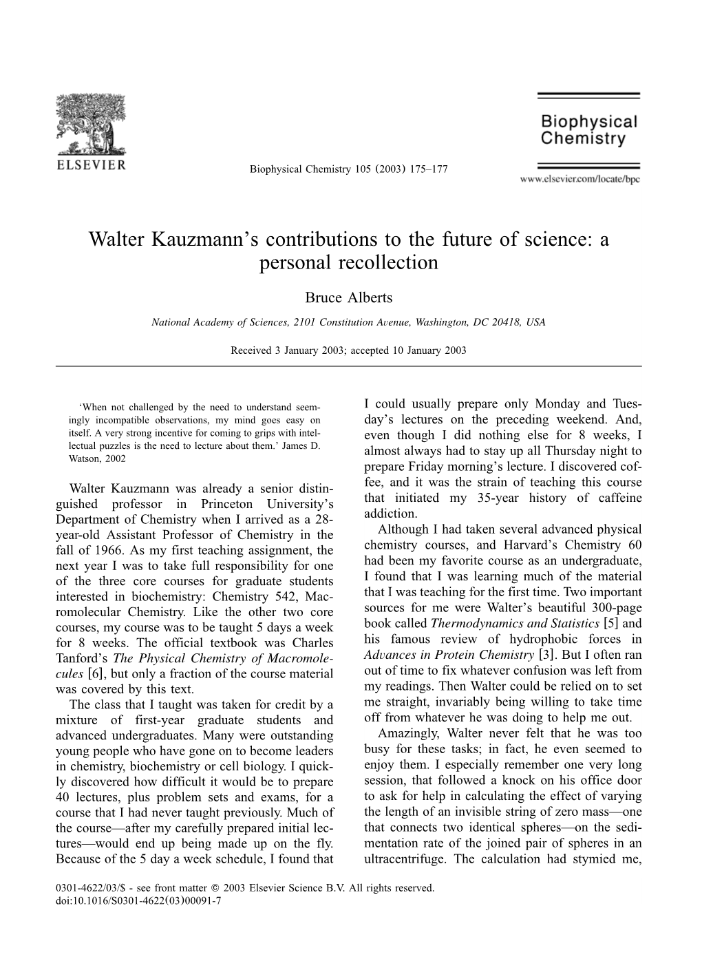 Walter Kauzmann's Contributions to the Future of Science: a Personal