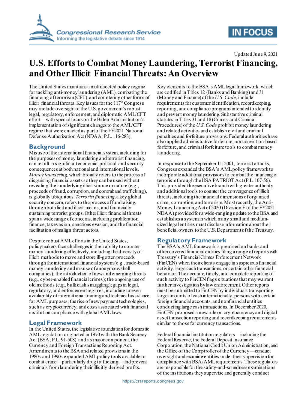 U.S. Efforts to Combat Money Laundering, Terrorist Financing, and Other Illicit Financial Threats: an Overview