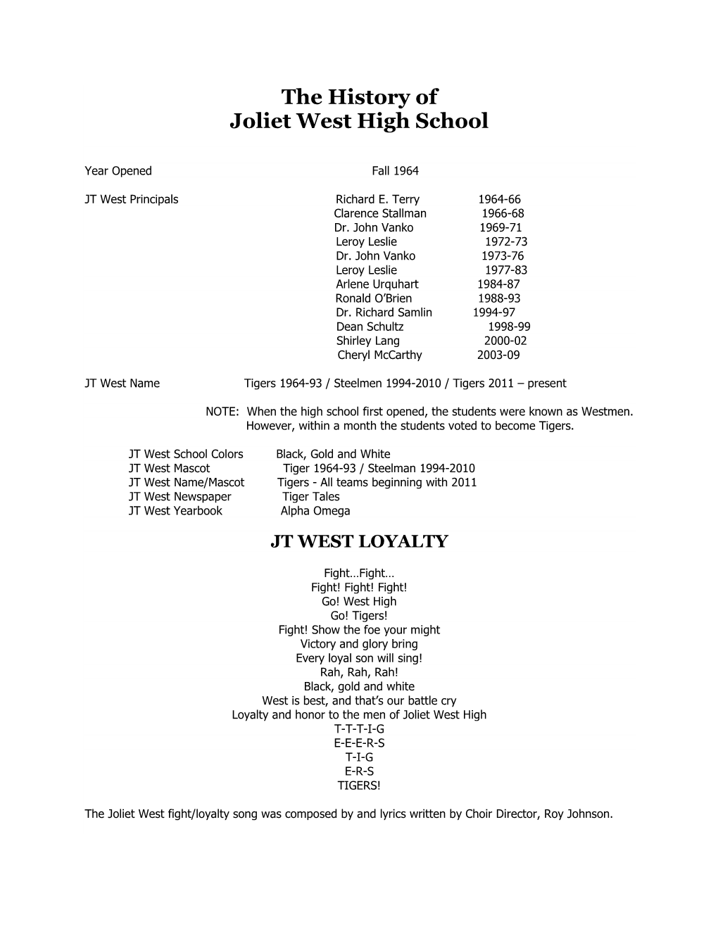 The History of Joliet West High School