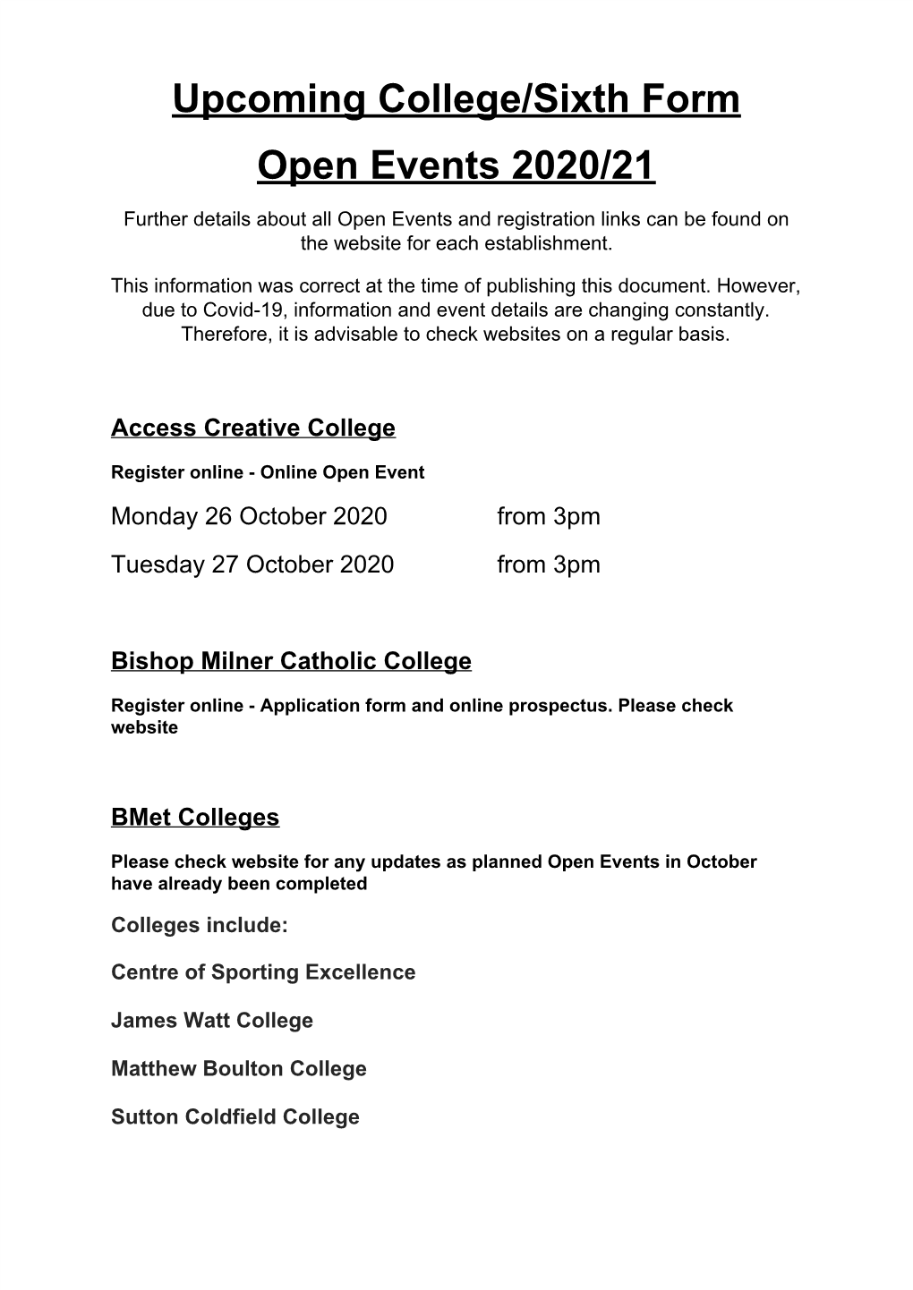 Upcoming College/Sixth Form Open Events 2020/21