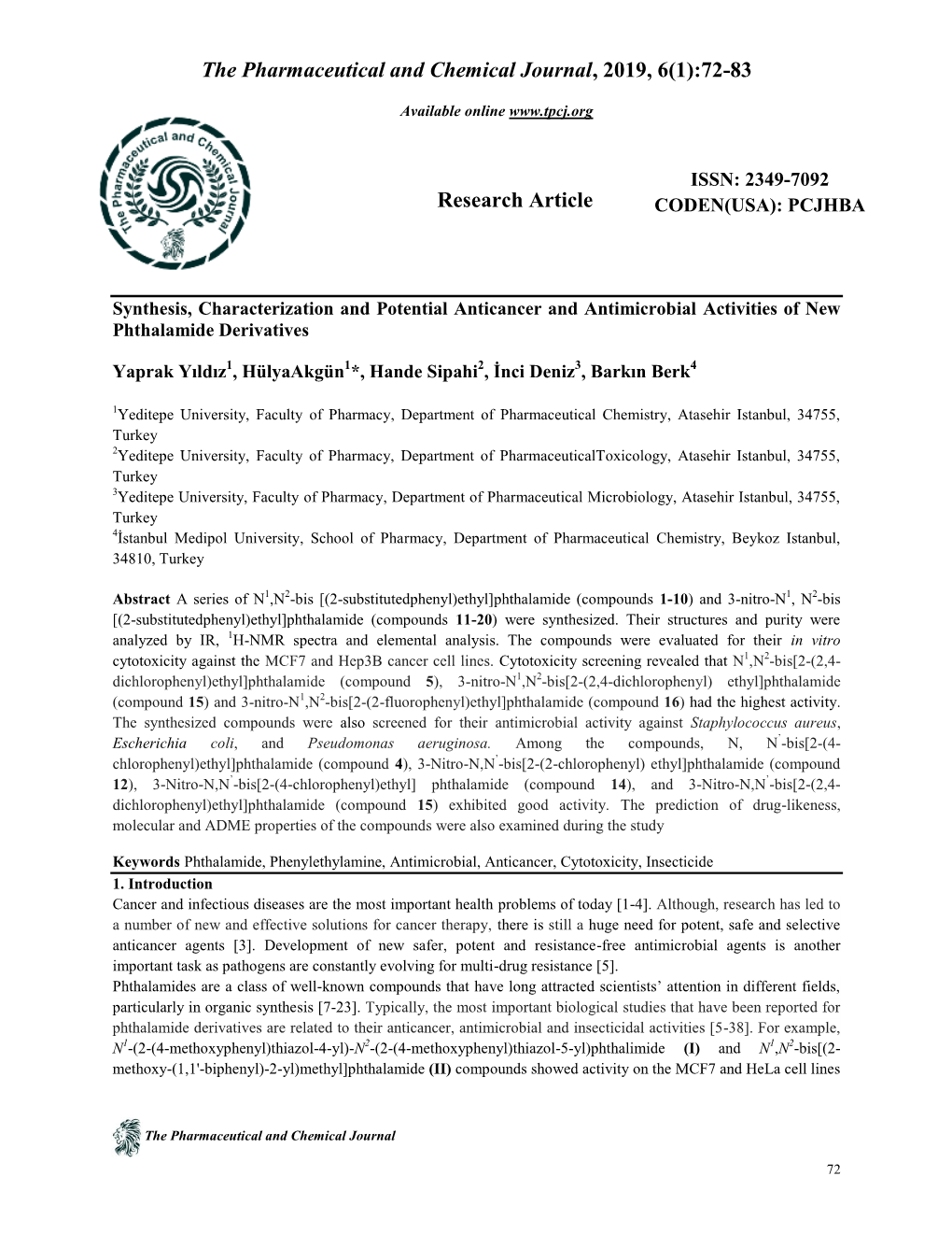 The Pharmaceutical and Chemical Journal, 2019, 6(1):72-83 Research