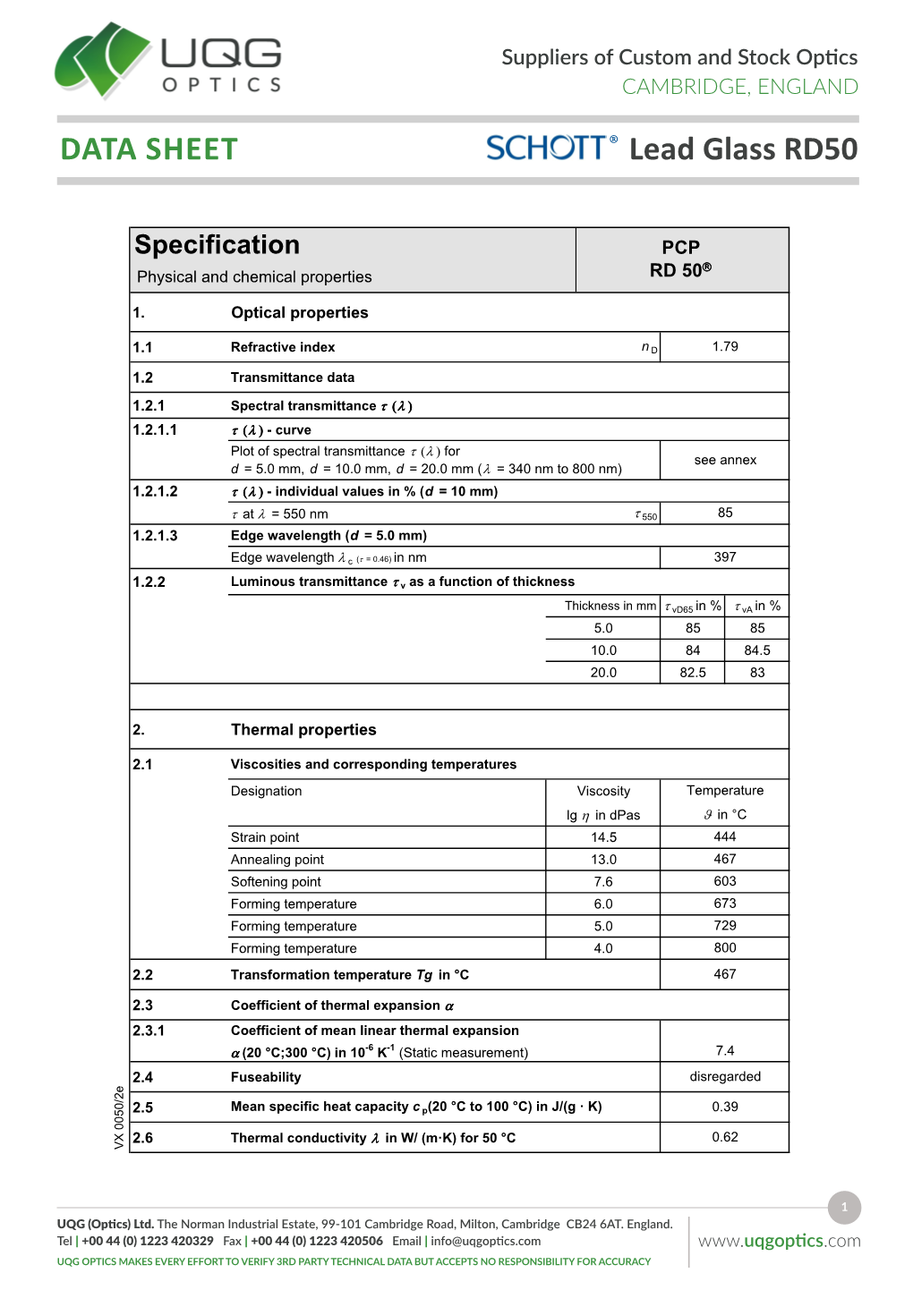 DATA SHEET Lead Glass RD50