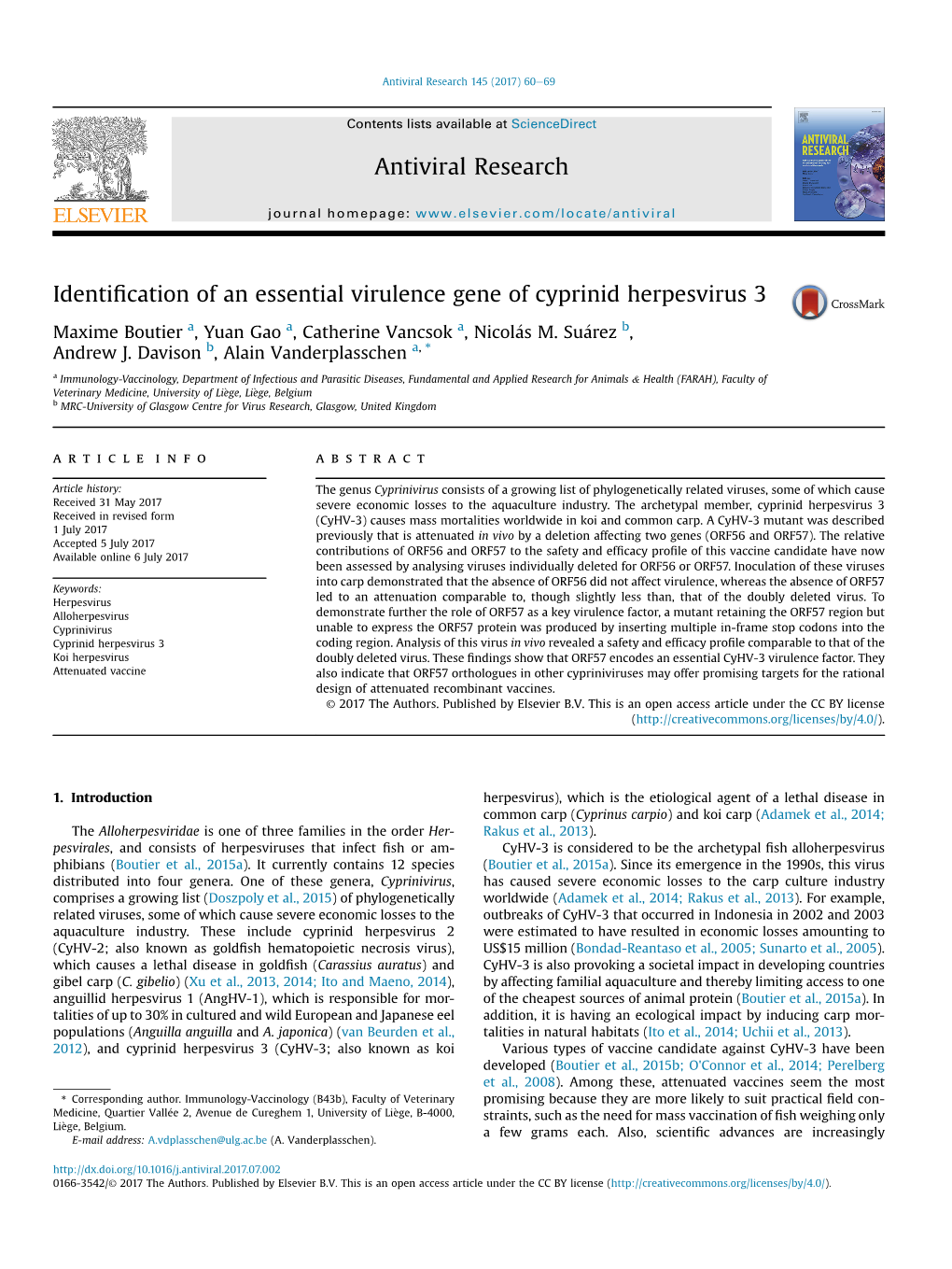 Identification of an Essential Virulence Gene of Cyprinid Herpesvirus 3