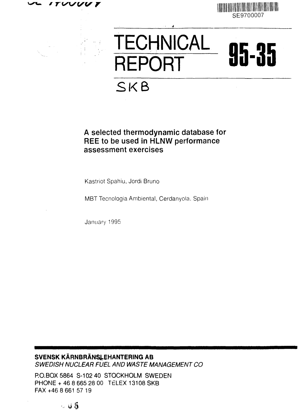 A Selected Thermodynamic Database for REE to Be Used in HLNW Performance Assessment Exercises