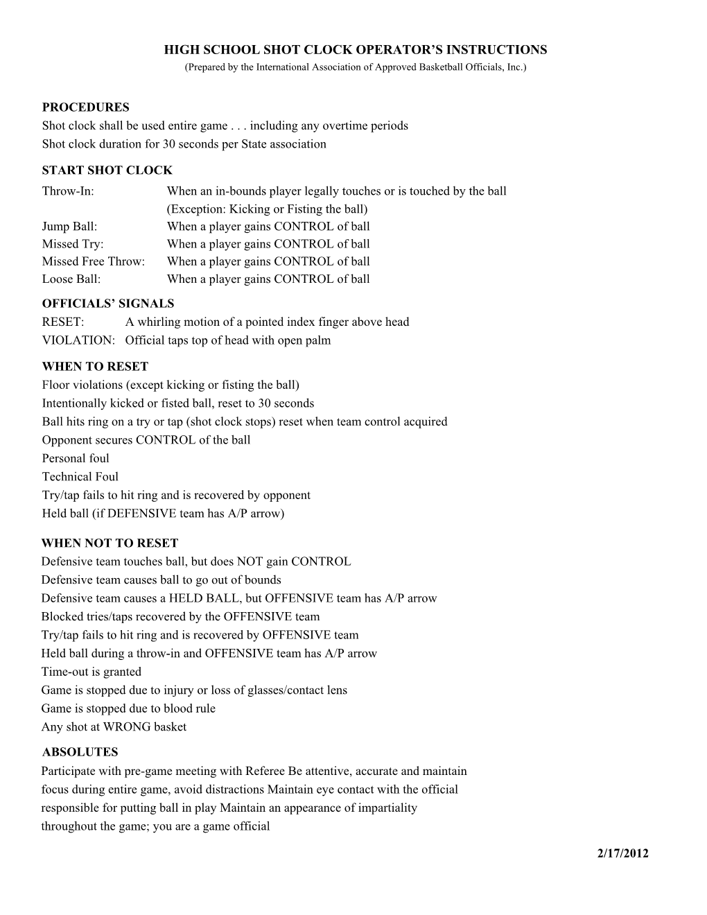 High School Shot Clock Operator's Instructions