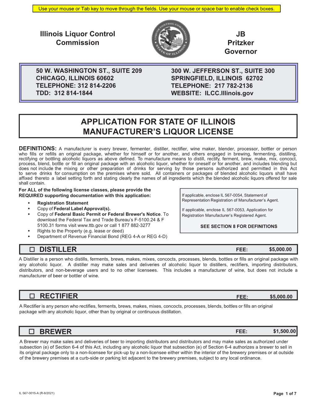 Application for State of Illinois Manufacturer's Liquor License