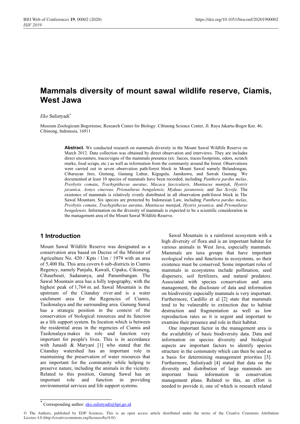 Mammals Diversity of Mount Sawal Wildlife Reserve, Ciamis, West Jawa