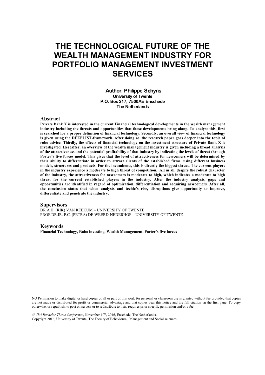 The Technological Future of the Wealth Management Industry for Portfolio Management Investment Services