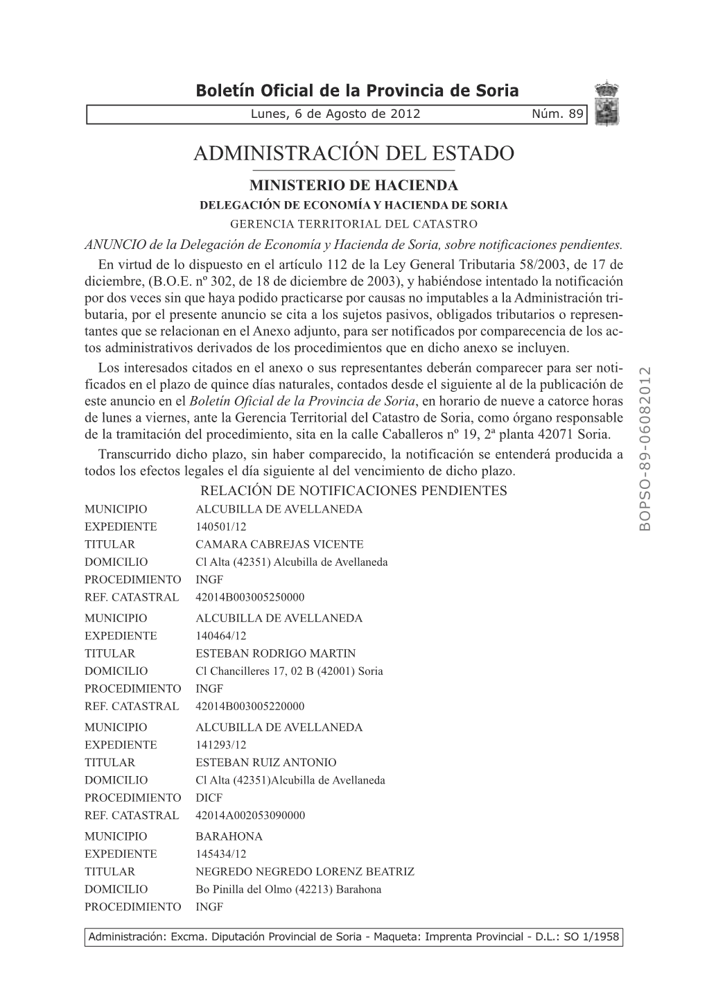 Boletín Oficial De La Provincia De Soria Lunes, 6 De Agosto De 2012 Núm