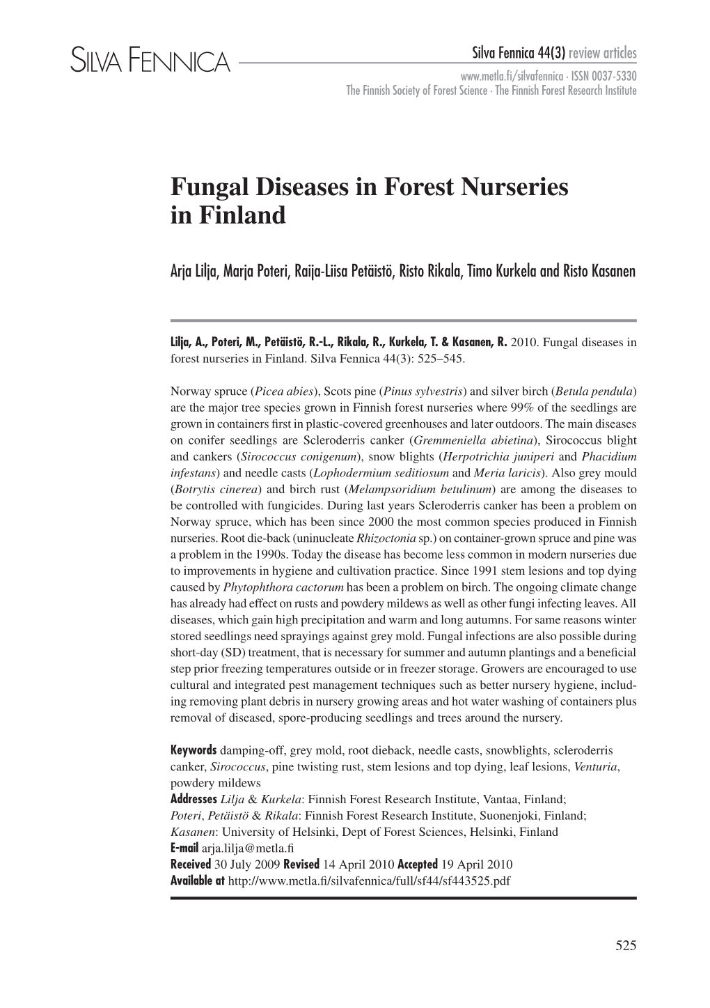 Fungal Diseases in Forest Nurseries in Finland