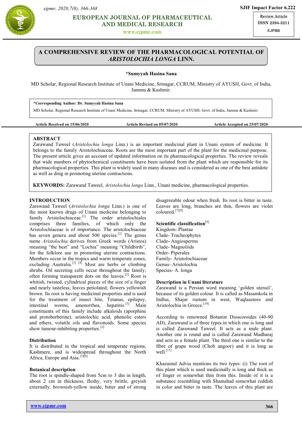 A Comprehensive Review of the Pharmacological Potential of Aristolochia Longa Linn