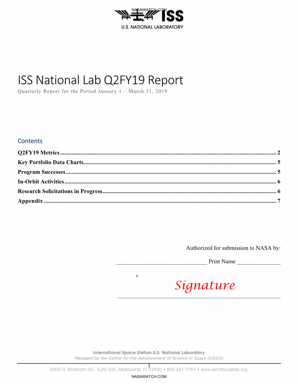 ISS National Lab Q2FY19 Report Quarterly Report for the Period January 1 – March 31, 2019
