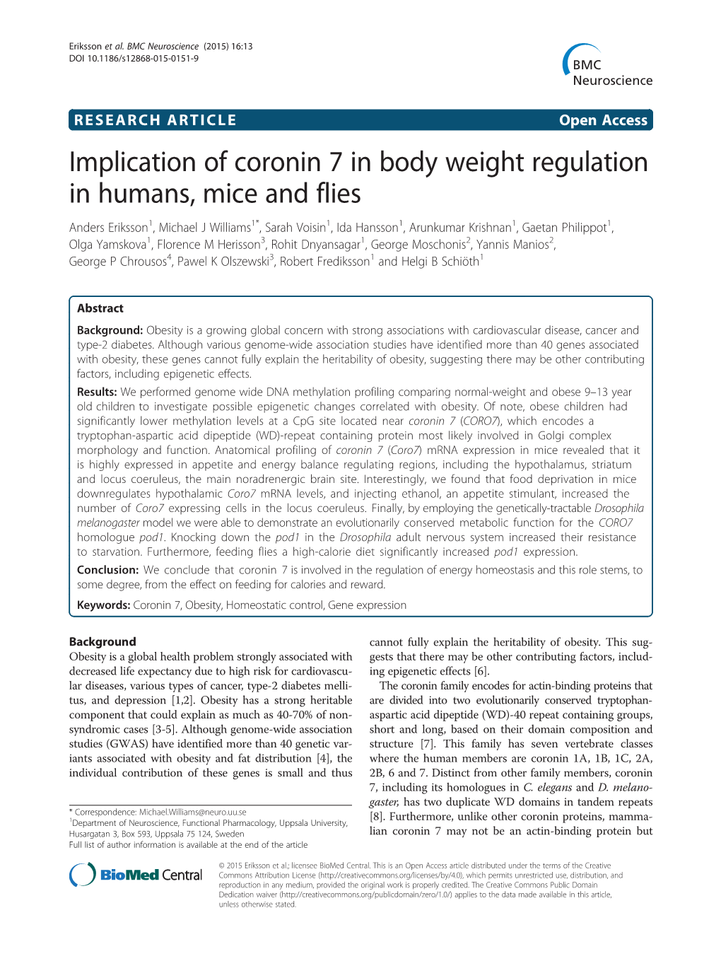 Implication of Coronin 7 in Body Weight Regulation in Humans, Mice and Flies