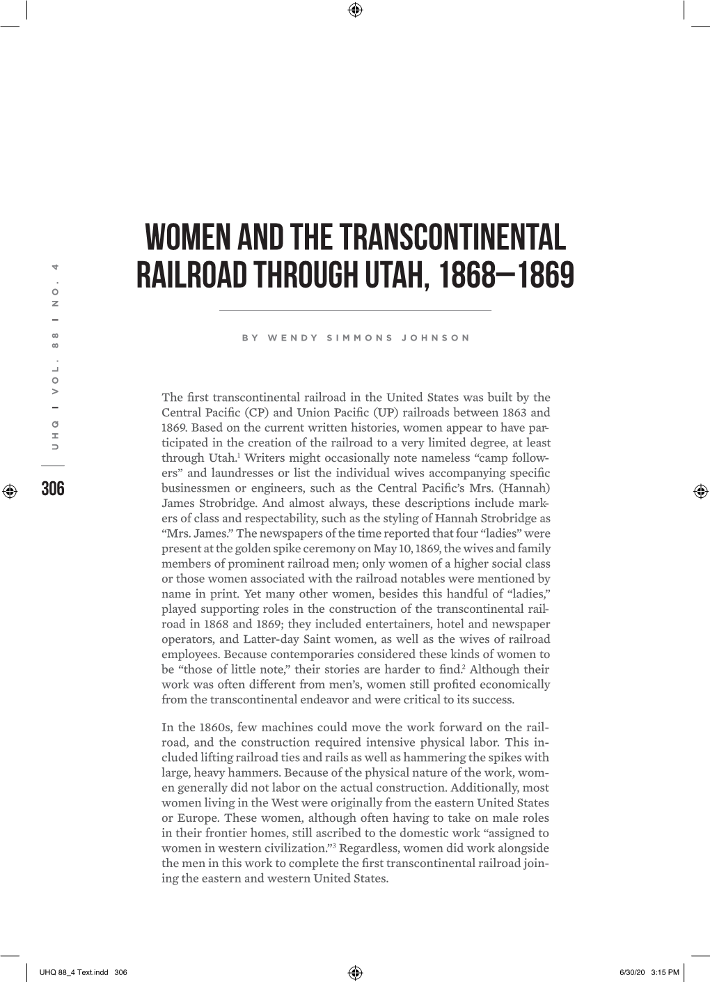 Women and the Transcontinental Railroad Through Utah, 1868–1869 NO