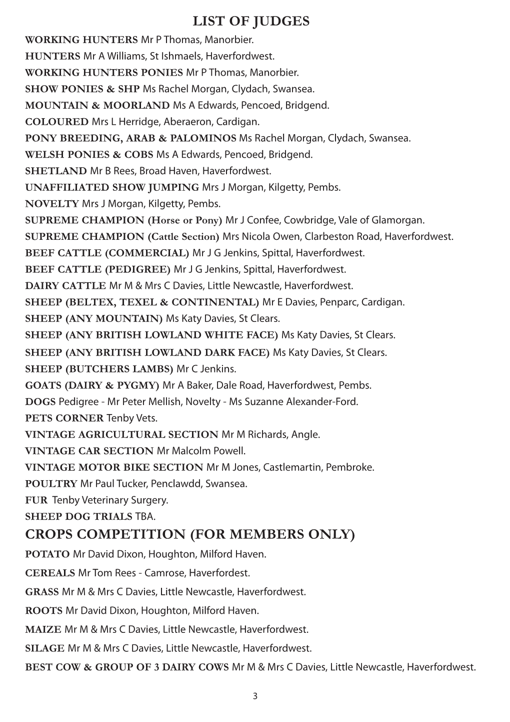 LIST of JUDGES WORKING HUNTERS Mr P Thomas, Manorbier