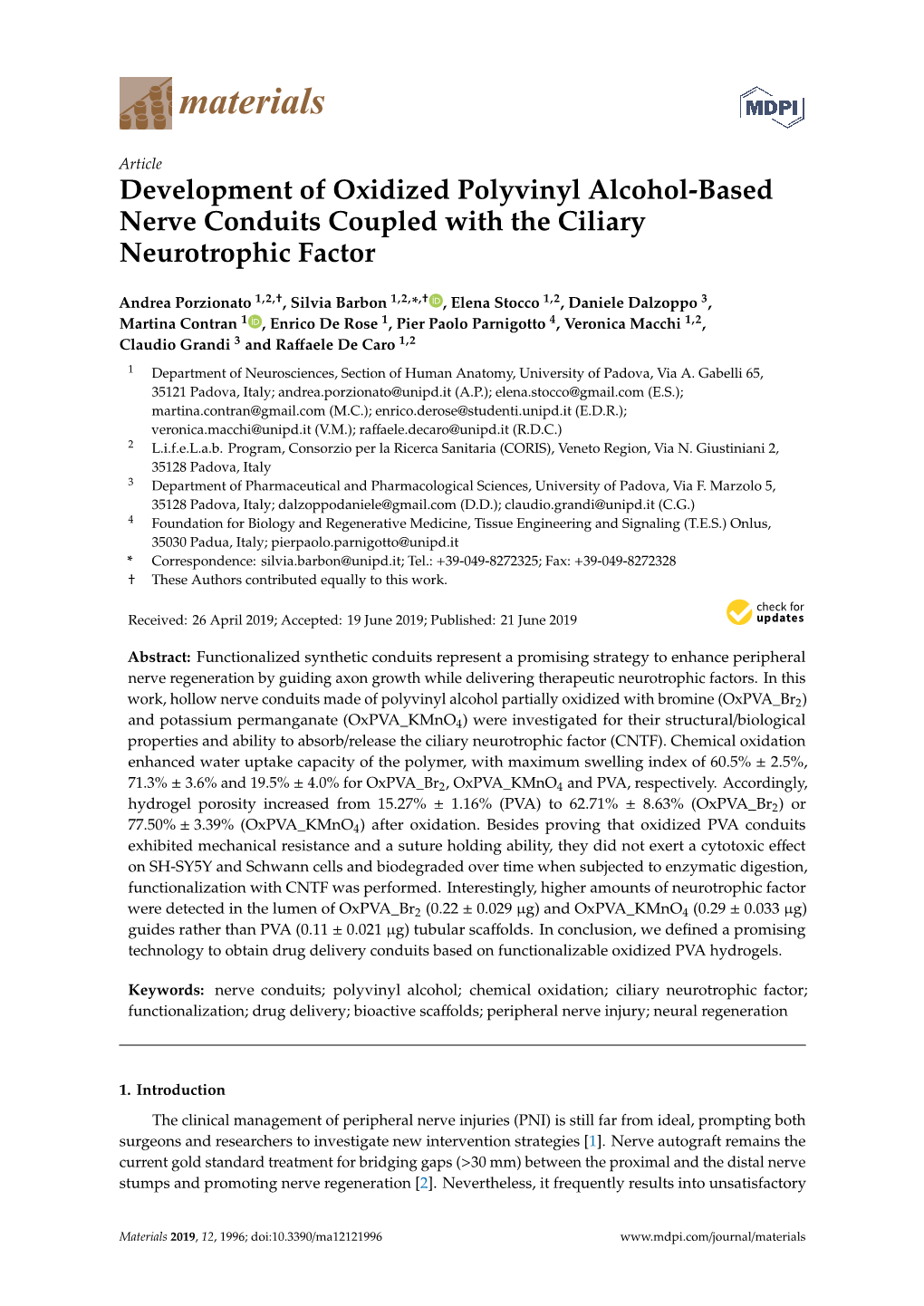 Development of Oxidized Polyvinyl Alcohol-Based Nerve Conduits Coupled with the Ciliary Neurotrophic Factor