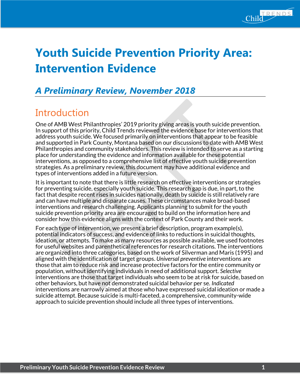 Youth Suicide Prevention Priority Area: Intervention Evidence