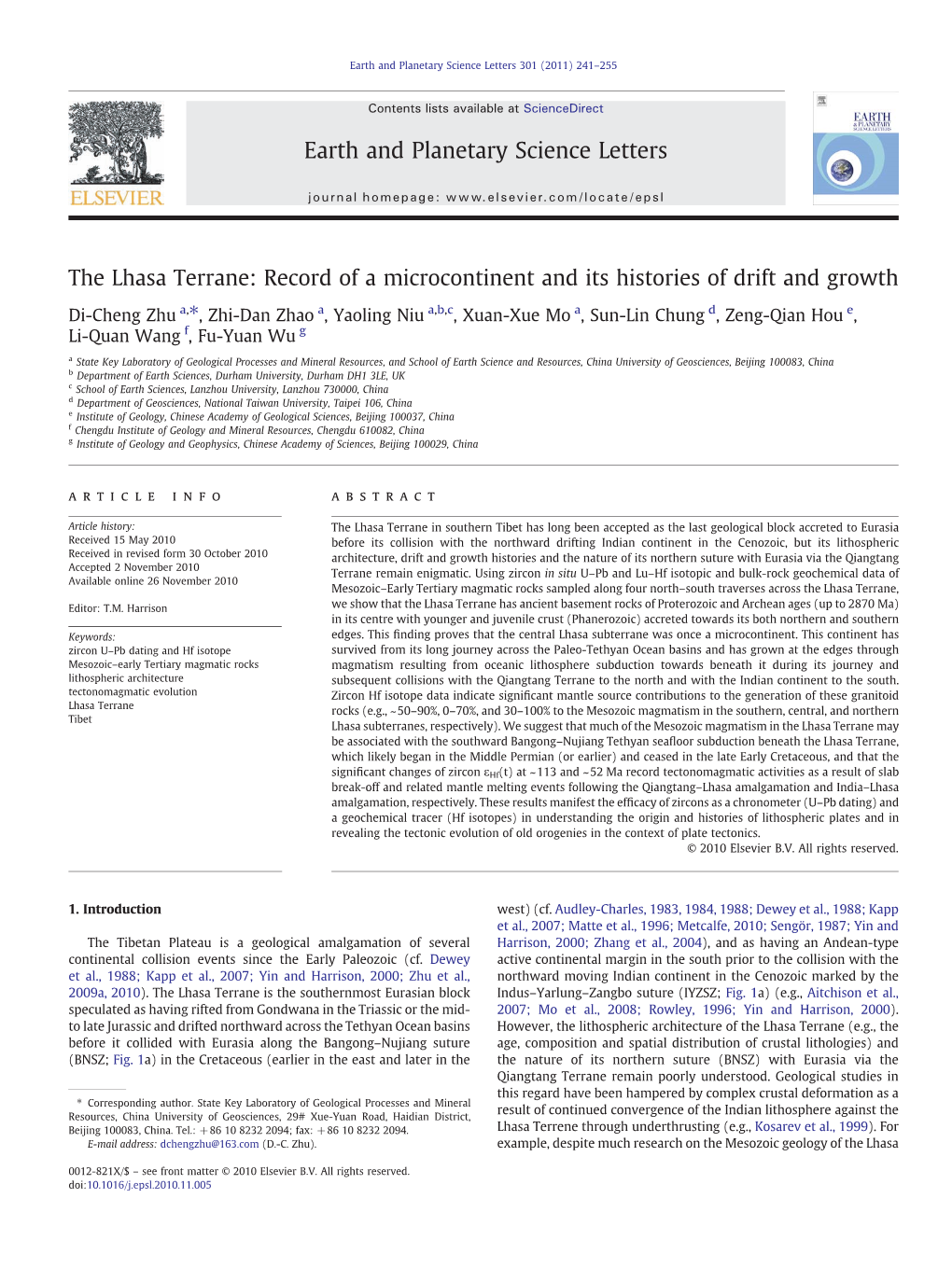 The Lhasa Terrane: Record of a Microcontinent and Its Histories of Drift and Growth