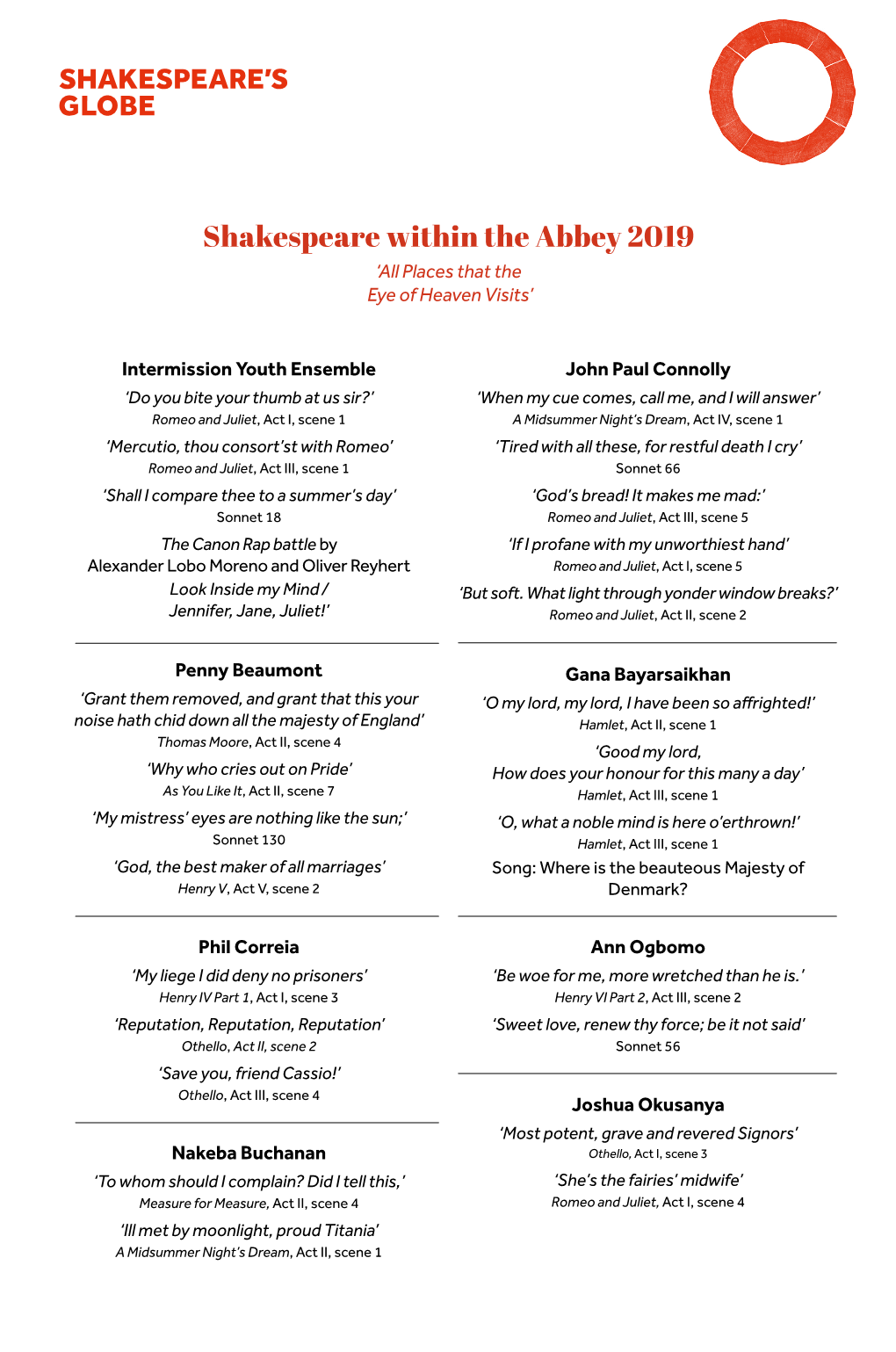 Shakespeare Within the Abbey 2019 ‘All Places That the Eye of Heaven Visits’