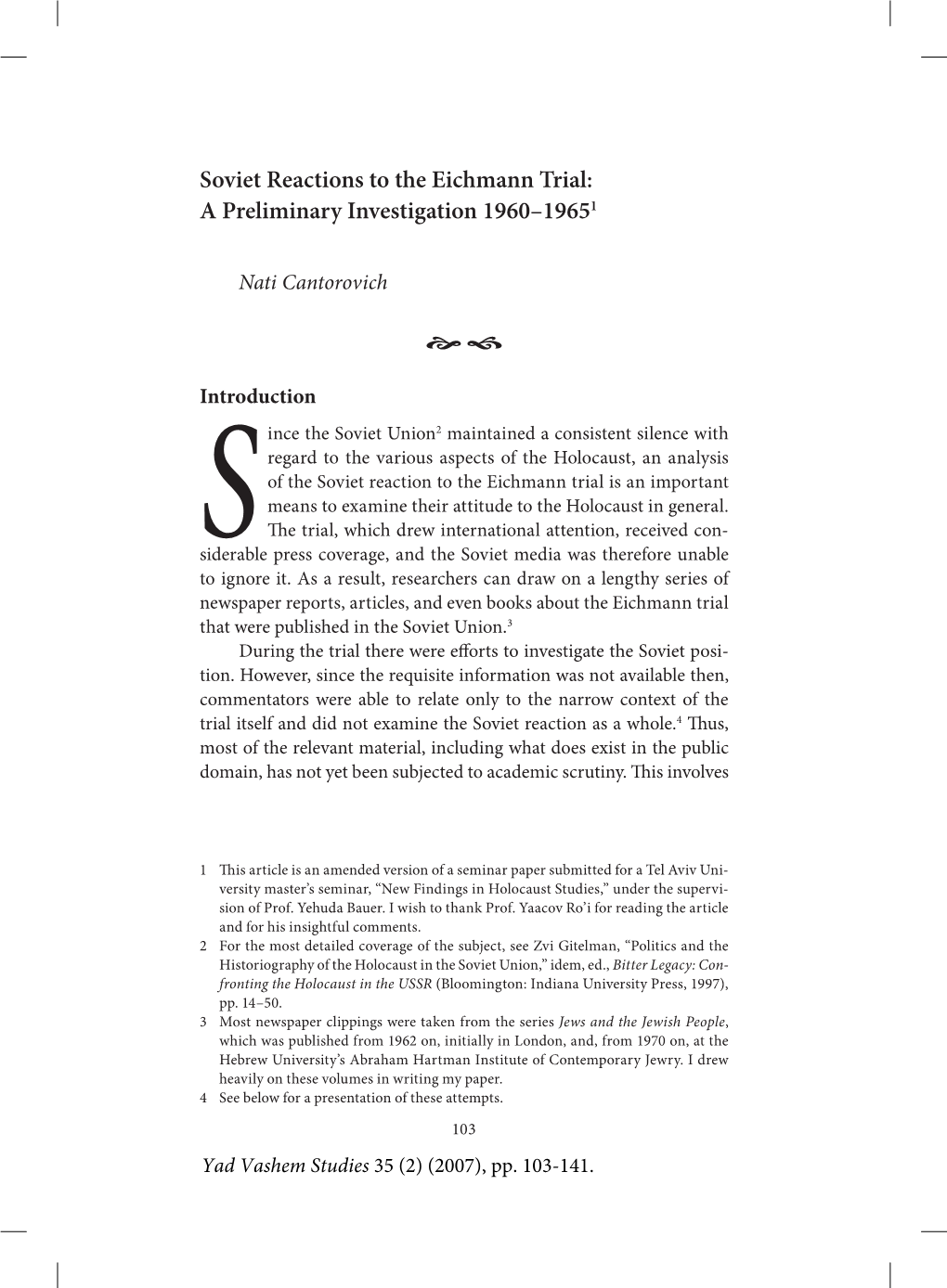 Soviet Reactions to the Eichmann Trial: a Preliminary Investigation 1960–19651