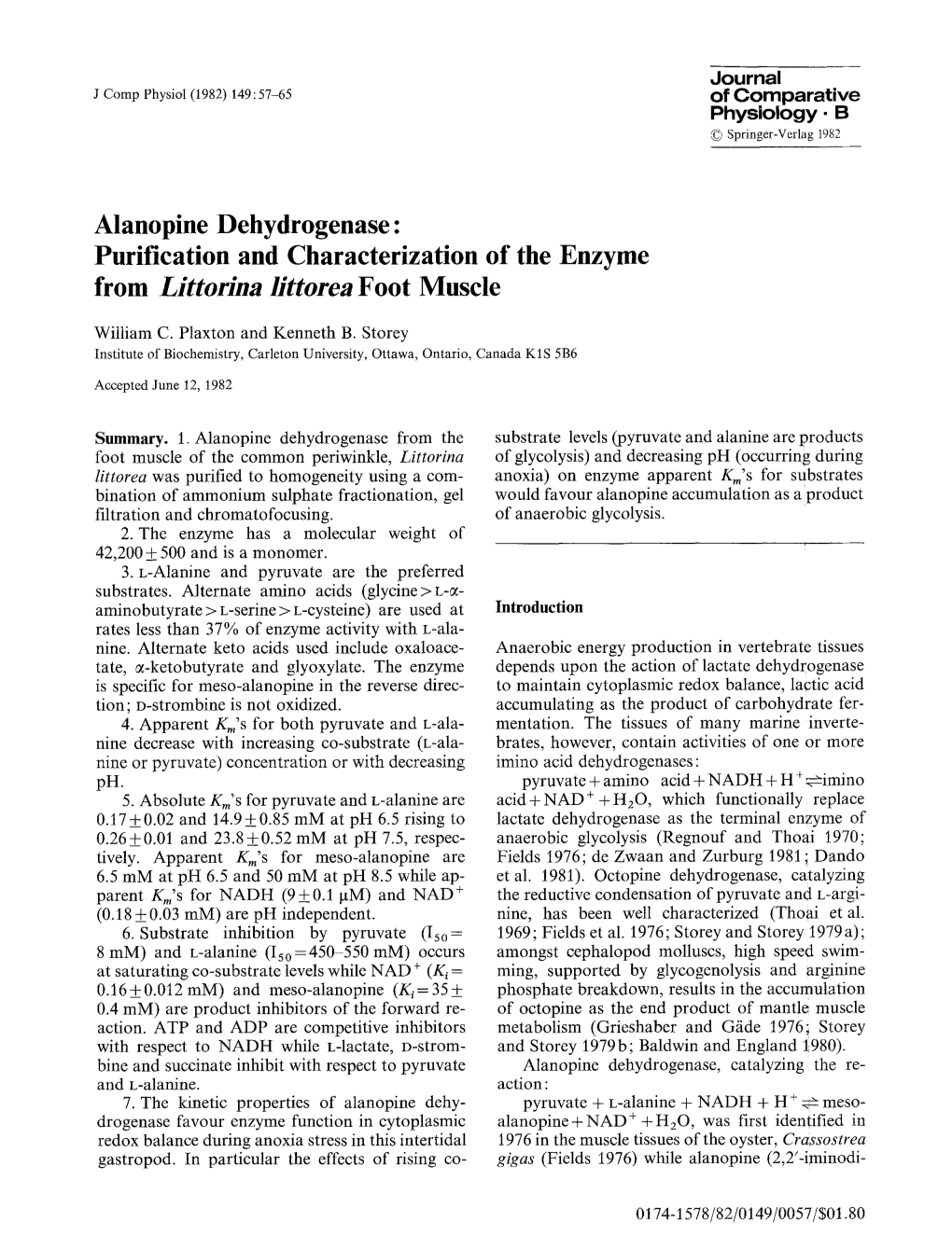 Alanopine Dehydrogenase: Purification and Characterization of the Enzyme from Littorina Littorea Foot Muscle