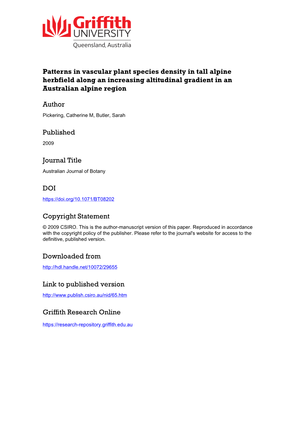 Patterns in Vascular Plant Species Density in Tall Alpine Herbfield Along an Increasing Altitudinal Gradient in an Australian Alpine Region