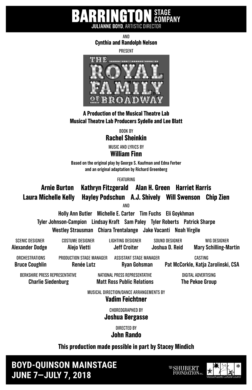 Boyd-Quinson Mainstage June 7—July 7, 2018 Cast in Order of Appearance