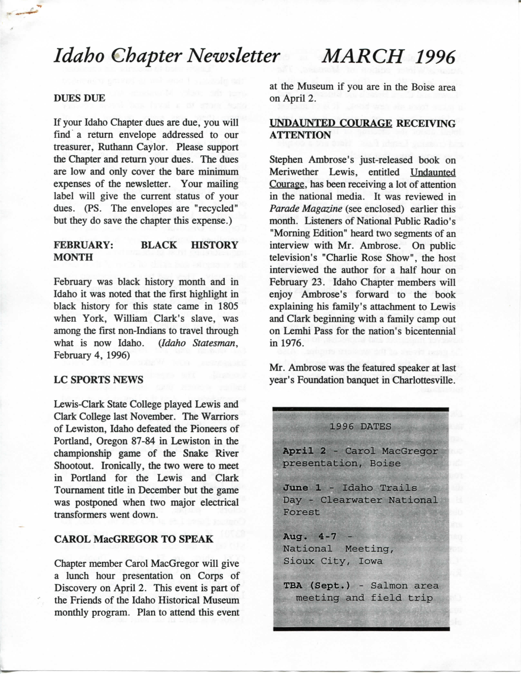 Idaho Chapter Newsletter M a R C H 1996